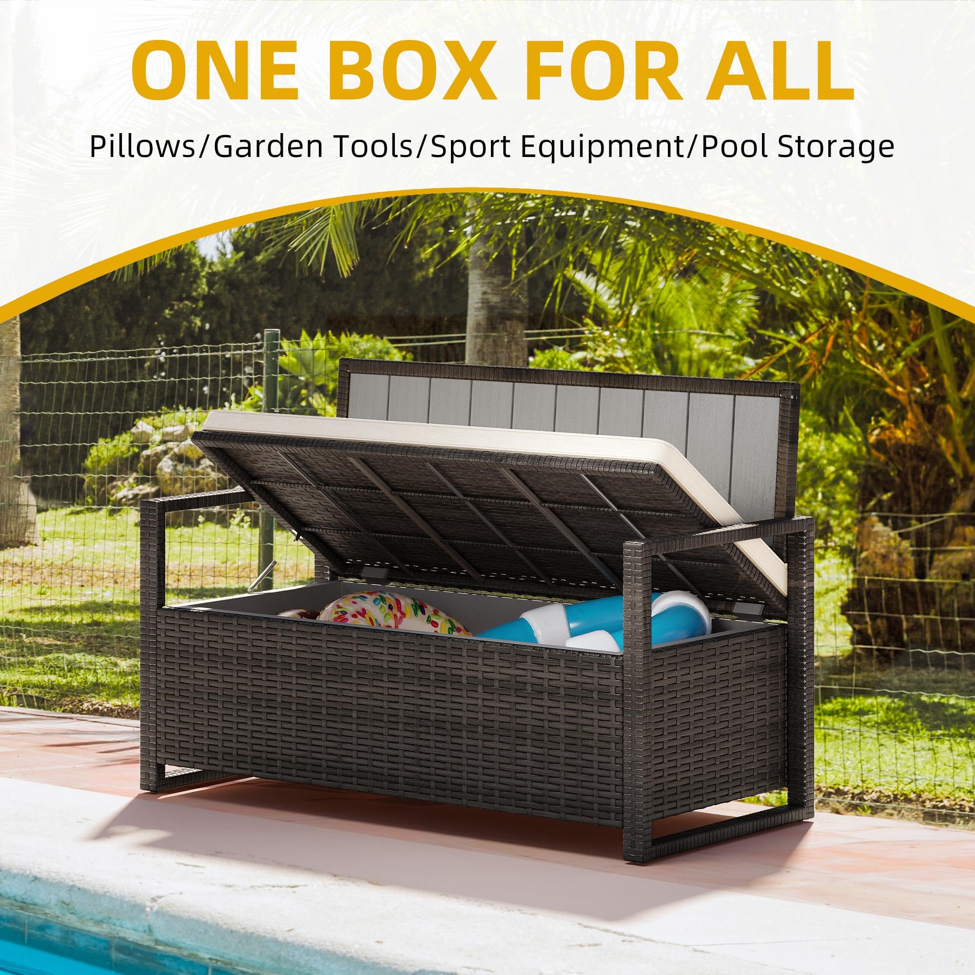 DWVO 70 Gallon Outdoor Storage Bench - Weather-Resistant Deck Box with Cushion Seating, Wicker Patio Furniture for Garden, Poolside & Backyard - Perfect for Storing Cushions, Toys & Outdoor Gear (Brown)
