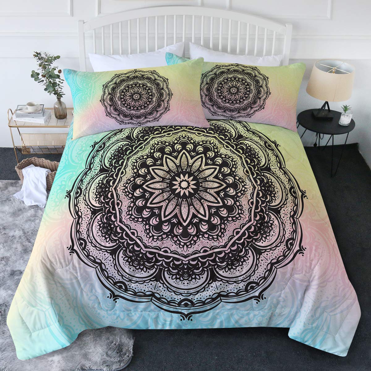 BlessLiving 3-Piece King Size Boho Comforter Set - Lightweight Mandala Bedding with 3D Indian Design in Pink, Blue & Black | Perfect for Bohemian, Hippie & Eclectic Bedroom Decor