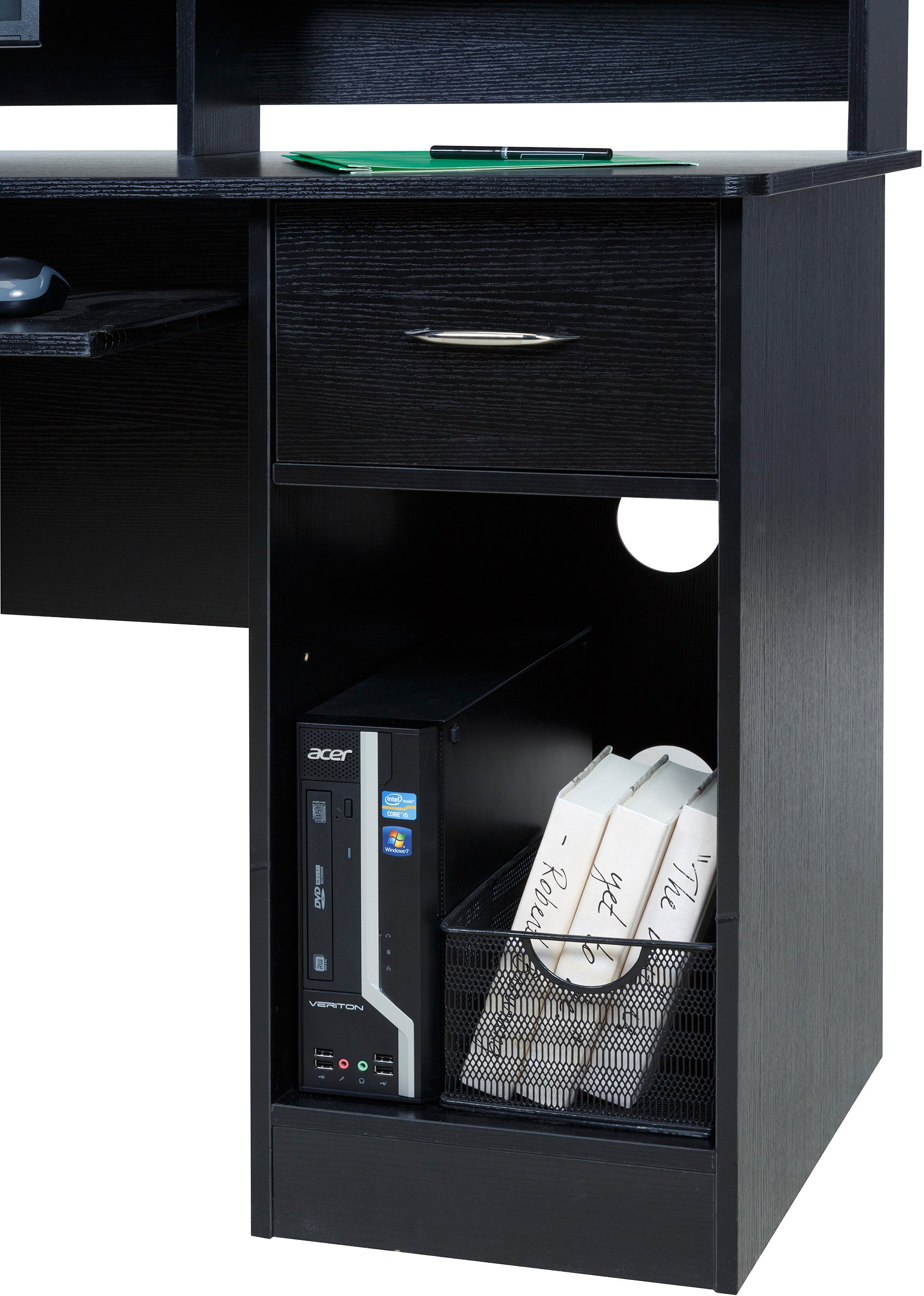OneSpace Essential Computer Desk with Hutch & Pull-Out Keyboard - Black | Home Office Desk for Work, Study & Gaming | Compact Writing Desk for Small Spaces