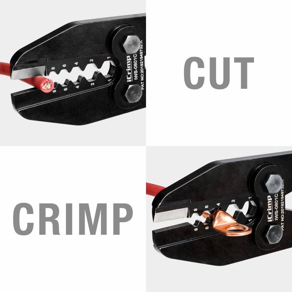Professional iCrimp AWG8-1 Battery Cable Lug Crimper with Cable Stripper - Heavy Duty Copper Wire Terminal Crimping Tool for Automotive, Marine, and Solar Power Applications