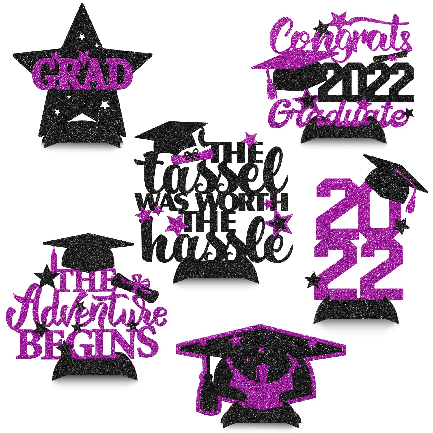 2022 Purple Graduation Glitter Centerpieces - Set of 6 Graduation Table Toppers & Photo Booth Props for Graduation Party Decorations - Perfect for Graduation Ceremonies, Photo Backdrops & Celebration Decor
