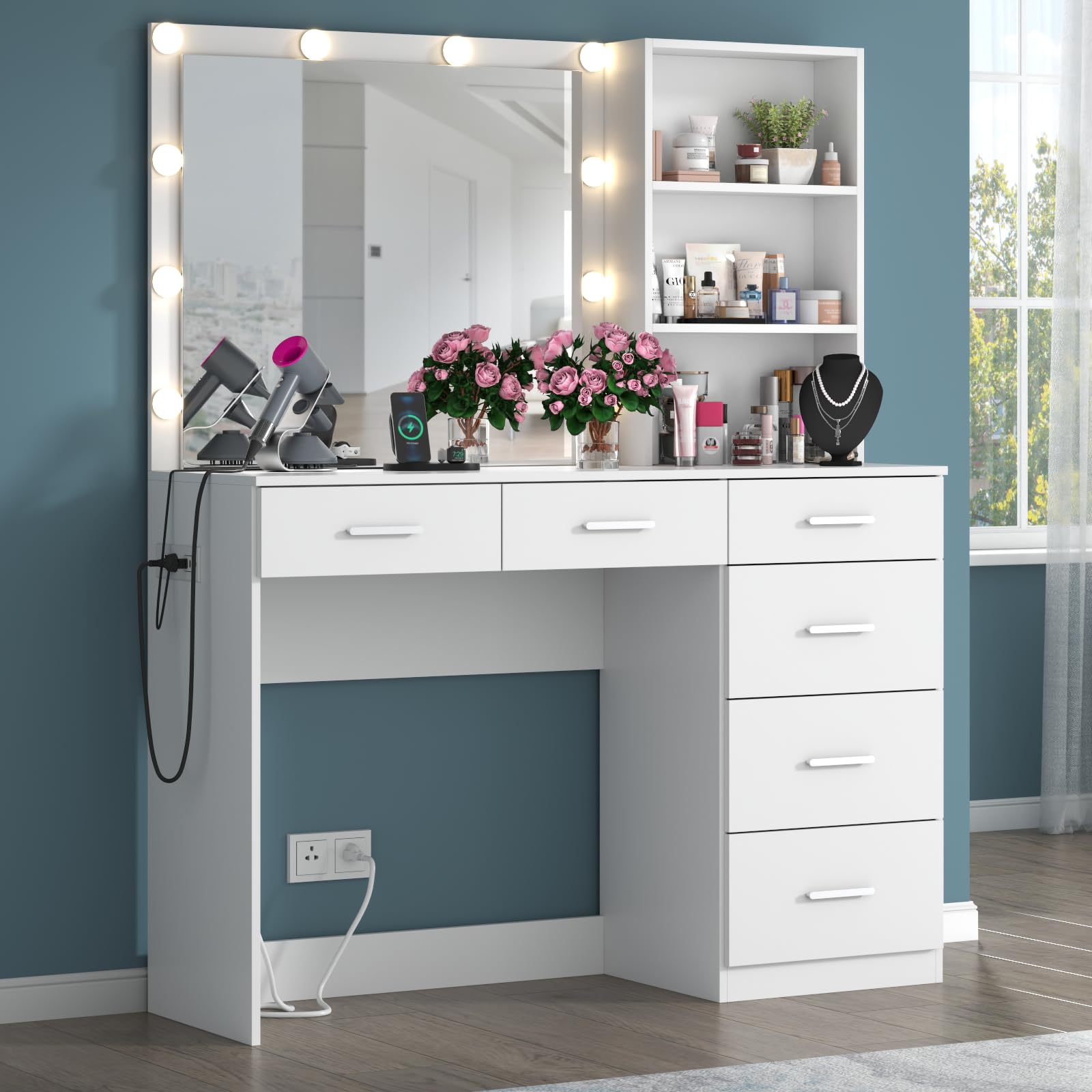 39 Inches White Vanity Desk with LED Lights & 6 Drawers - Makeup Dressing Table with Power Strip, Storage Shelves & Lighted Mirror for Women & Girls - Perfect for Bedroom, Dorm Room & Beauty Salon
