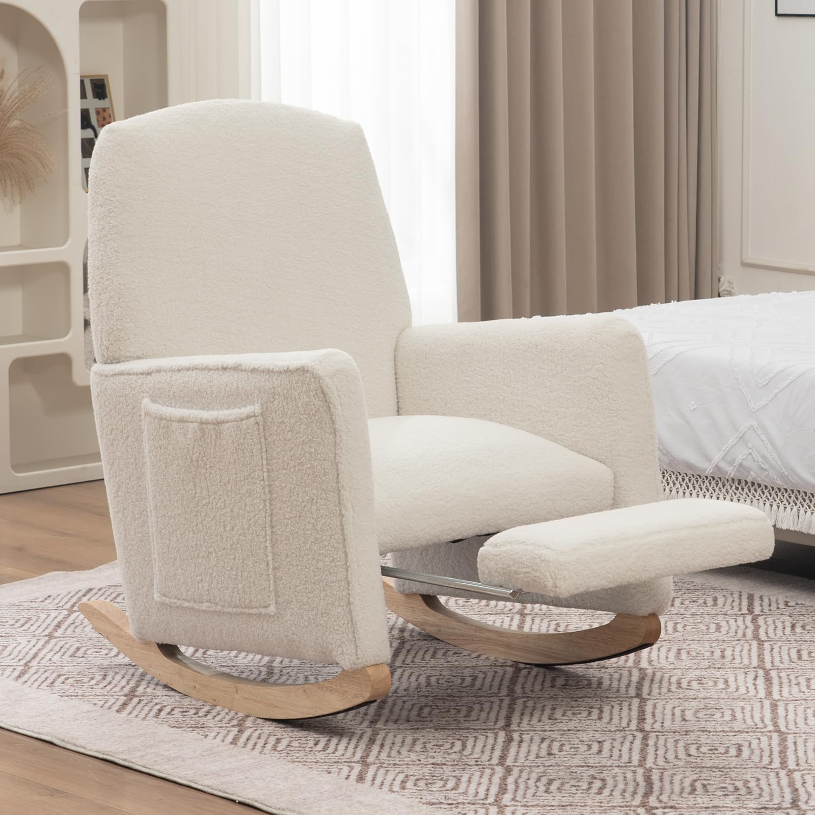 FOXHUNTER Adjustable Rocking Chair with Footrest - High Back Glider Nursery Chair with Side Pockets - Soft Upholstered Living Room Rocker in Teddy Ivory - Perfect for Nursing, Reading & Relaxing