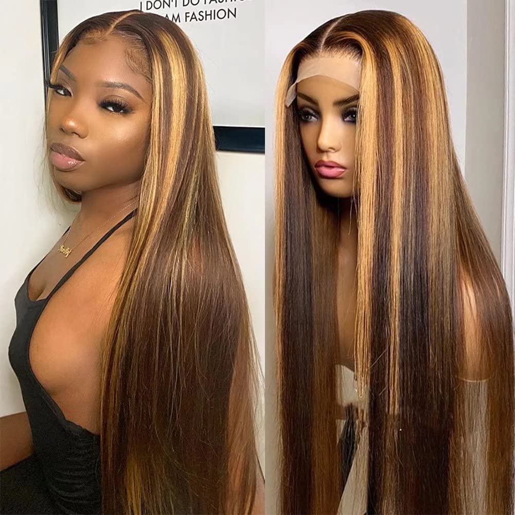 26 Inch HD Lace Front Wigs - Brazilian Virgin Human Hair Pre Plucked Straight Ombre Brown to Honey Blonde - 150% Density Glueless Wig for Daily Wear, Cosplay & Special Occasions