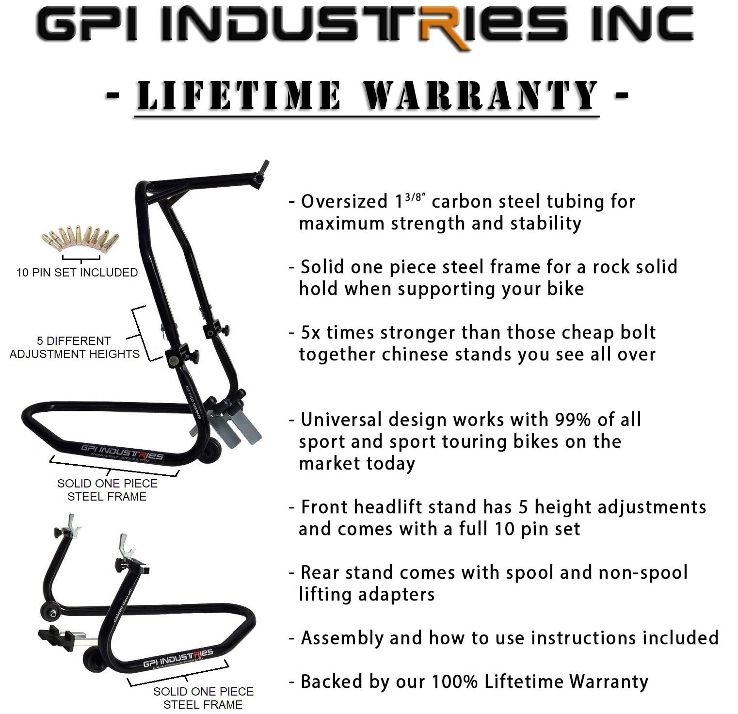 GP Pro Series Gloss Black Universal Motorcycle Paddock Stand Set - Front & Rear Bike Lift for Kawasaki, Suzuki, Honda, Yamaha, BMW, Ducati, Triumph Sport Bikes | Perfect for Garage Maintenance, Storage & Tire Changes