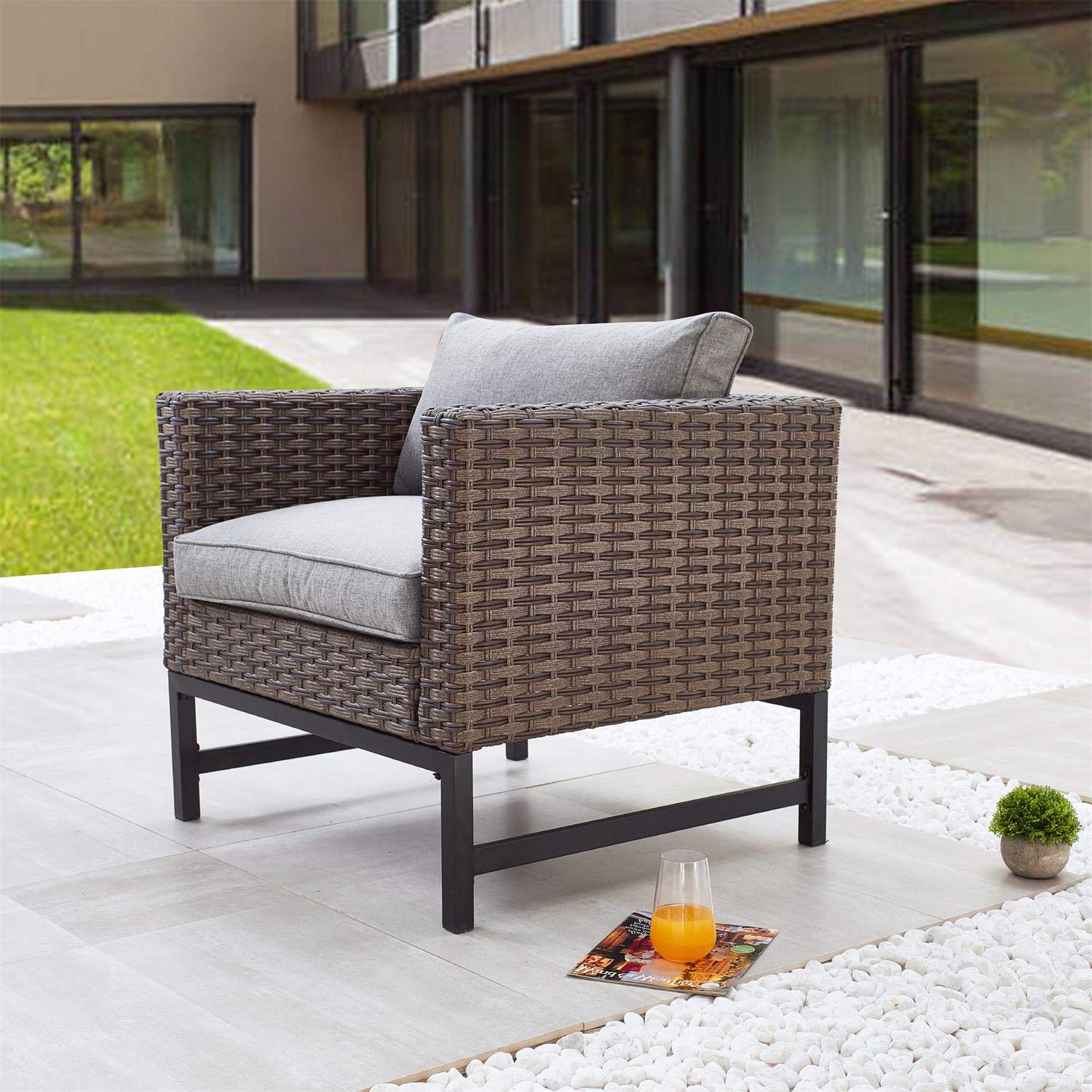 PatioFestival Wicker Outdoor Chair - Rattan Armchair with Removable Cushions for Patio, Garden, Balcony & Poolside - Comfortable Dining Furniture for Relaxing Outdoors