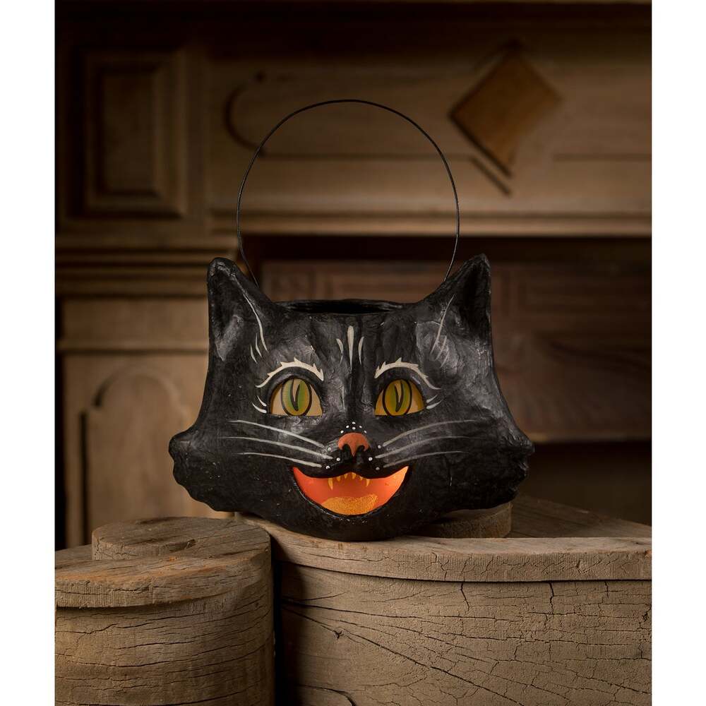 Handmade Black Cat Bucket Halloween Decor - Bethany Lowe Designs Paper Mache Art for Fall Home Decor, Party Centerpiece & Spooky Gift