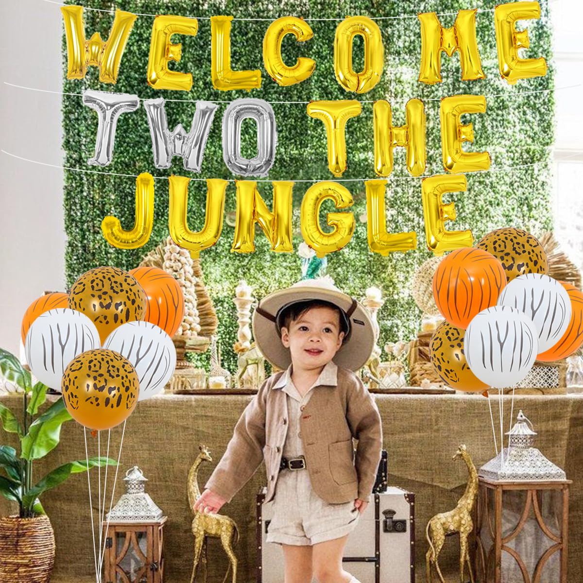 Jollyboom Safari Themed 2nd Birthday Decorations - Animal Balloons, Green Artificial Palm Leaves for Wild Jungle Party | Perfect for Kids' Birthday, Baby Shower & Safari Theme Events