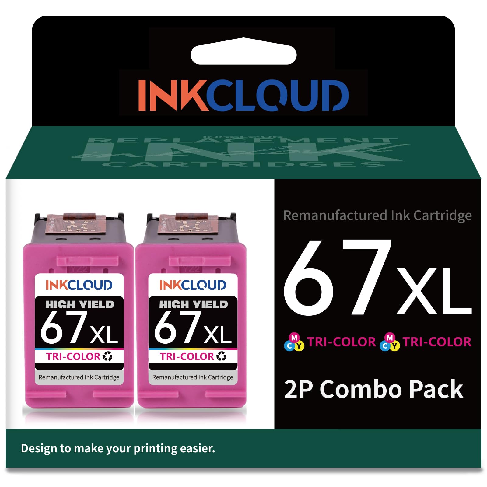 INKCLOUD Compatible Remanufactured HP 67 XL Ink Cartridges (2-Pack, Color) - Replacement for HP 1255, 2732, 2752, 2755, 6452, 6455, 6458, 4140, 4152 Printers - Ideal for Home Office Printing, School Projects & Small Business Documents