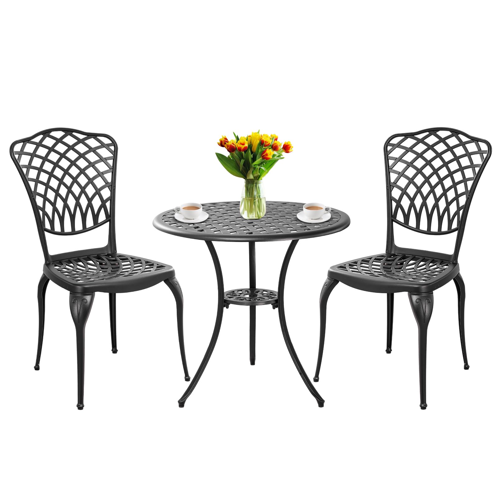 3-Piece Outdoor Bistro Set - Rust-Resistant Cast Aluminum Patio Table and 2 Chairs - Black Garden Furniture for Small Spaces, Balcony, Courtyard or Cafe Style Dining