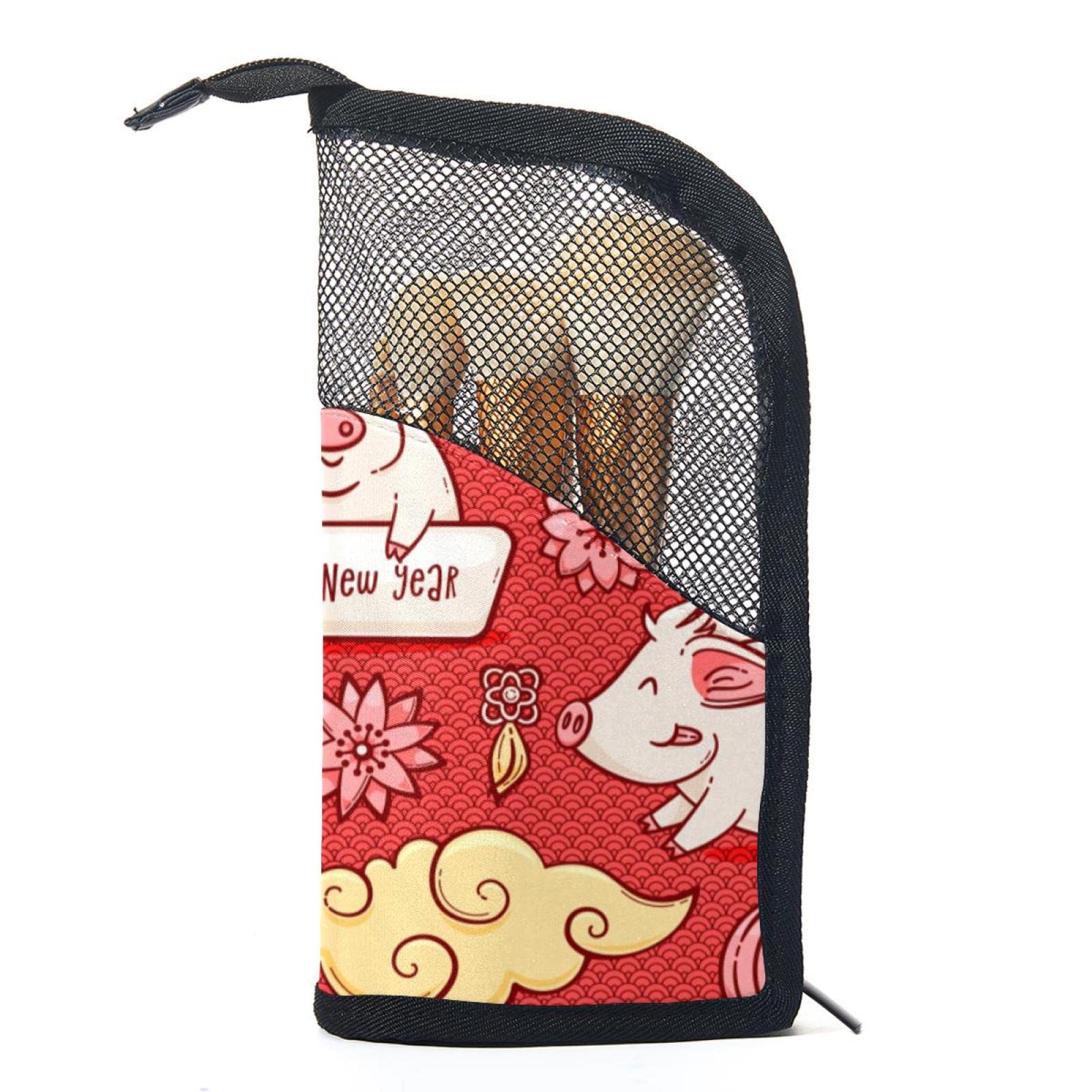12-Piece Makeup Brush Organizer Bag with Pig Chinese New Year Design - Portable Cosmetic Brush Holder Case for Travel, Home & Professional Makeup Artists