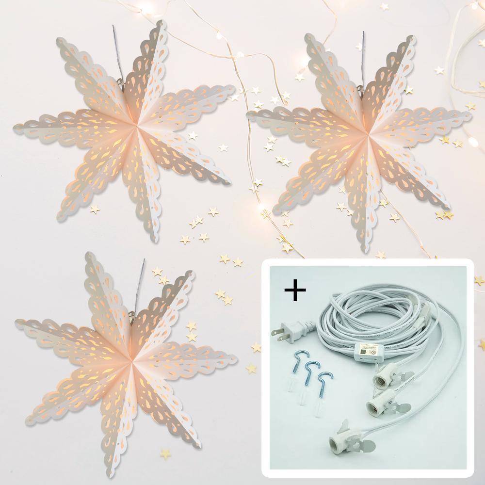 3 Pack White Winter Holiday Spirit 32 Inch Pizzelle Designer LED Star Lantern with Bulbs & Cord - Perfect for Christmas Decor, Home Party, and Indoor/Outdoor Lighting