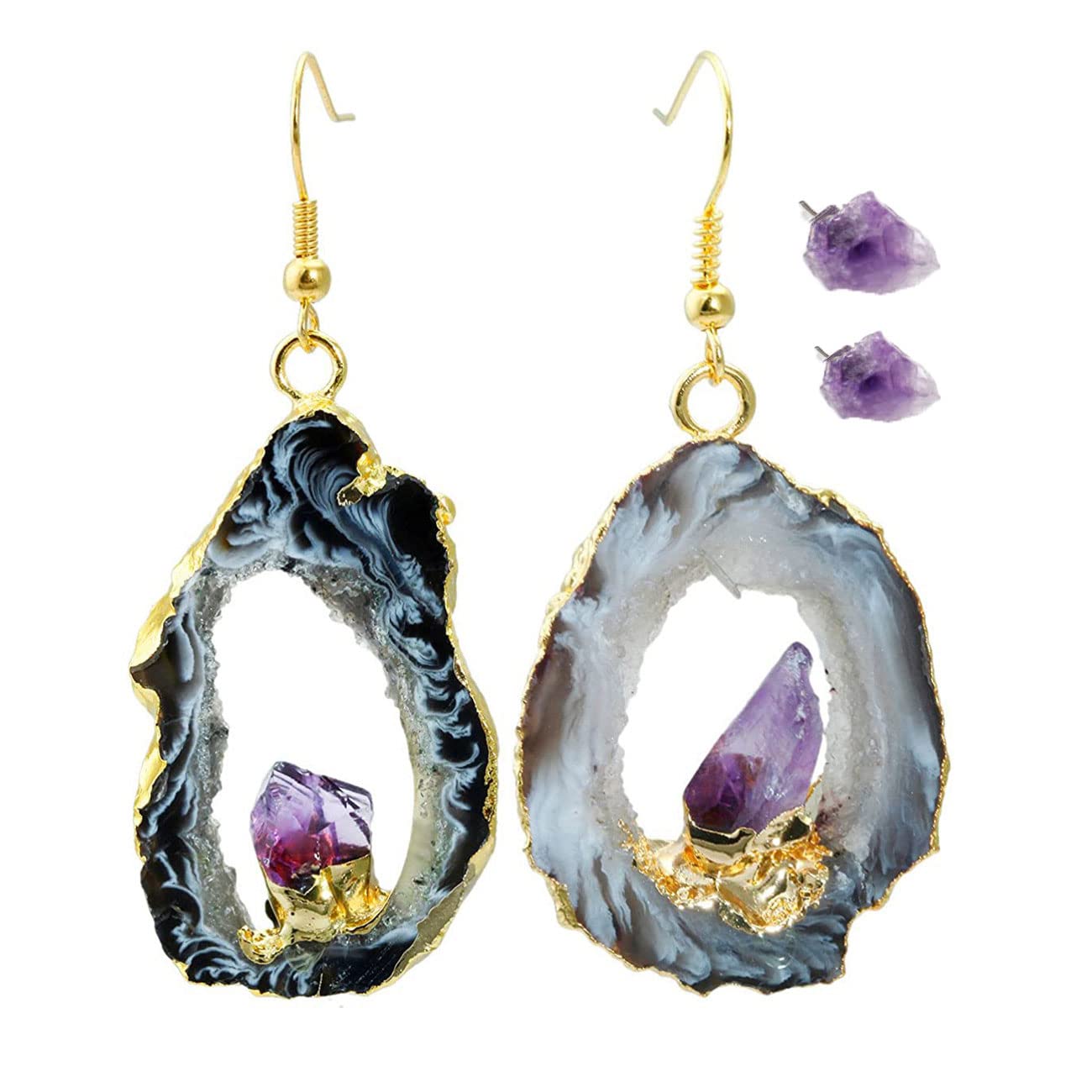Natural Agate Drop Earrings for Women - Hollow Onyx Druzy Geode Crystal Quartz Dangle Hook Earrings - Gold & Silver Gemstone Jewelry for Girls - Perfect for Parties, Weddings & Everyday Wear (Style A)