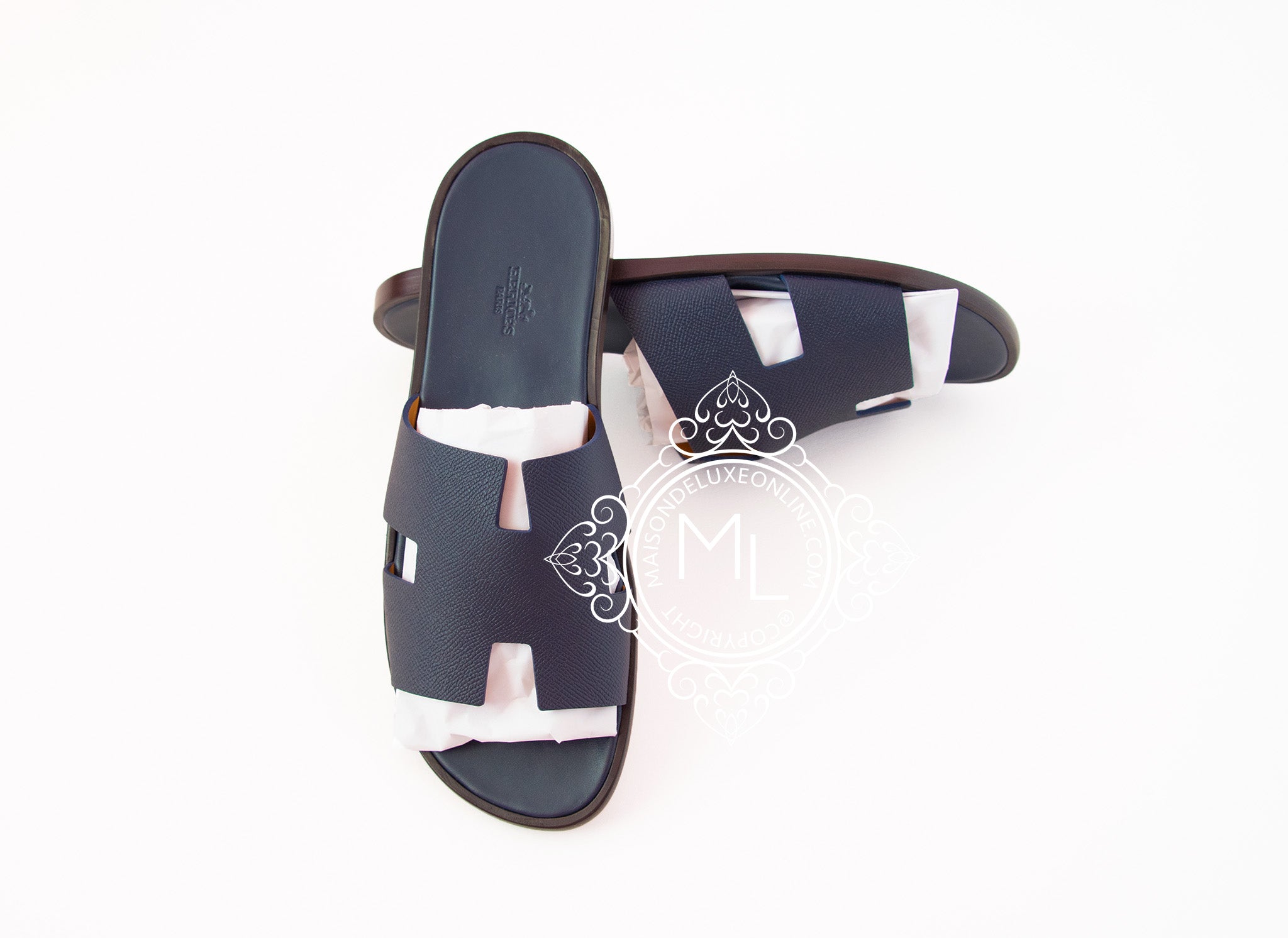 Hermes Men's Marine Blue Izmir Sandal Size 44 - Luxury Leather Summer Slides for Beach, Pool & Casual Wear