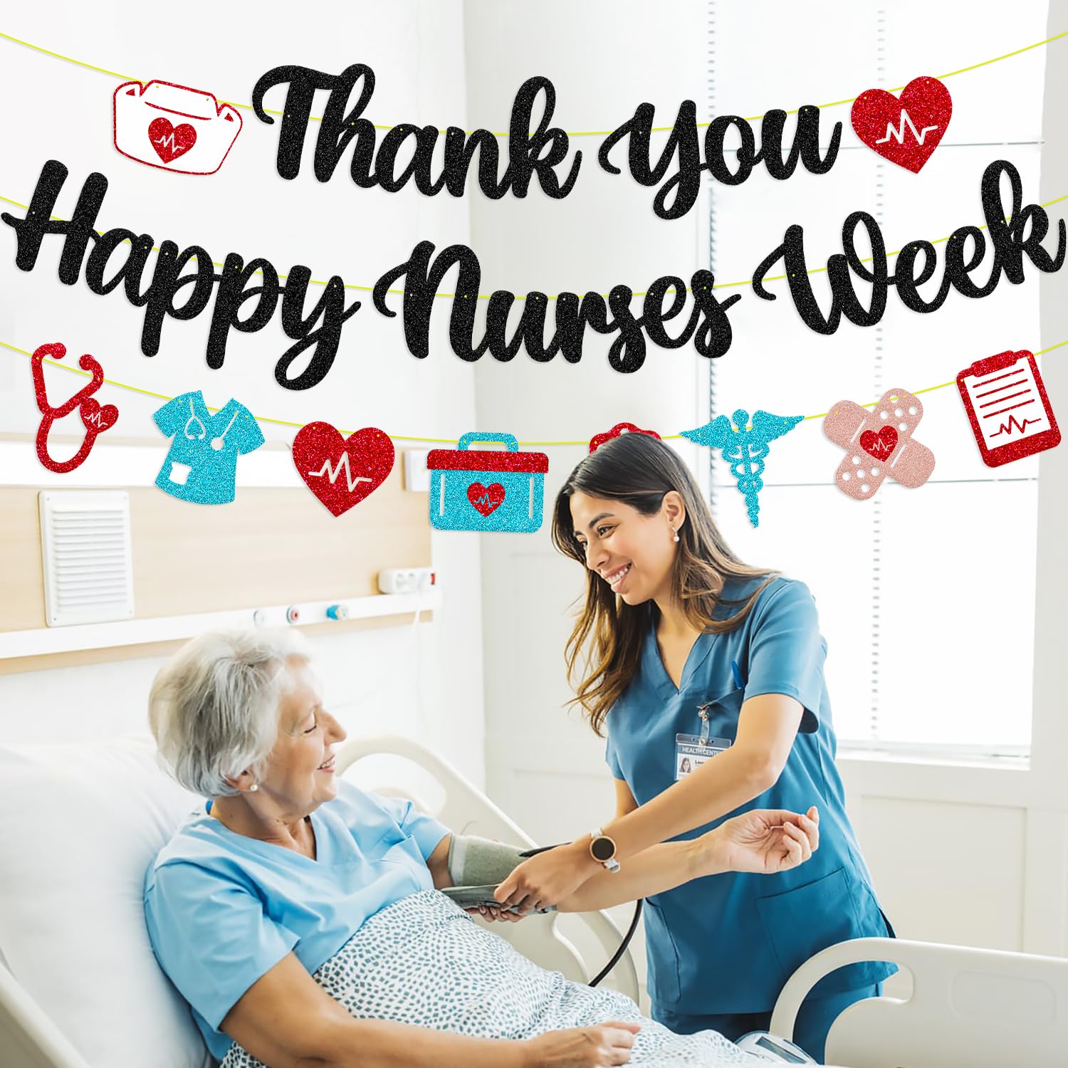 Happy Nurses Week Banner - Certified Nursing Assistant Week Decorations - Nurse Appreciation Backdrop with Black Glitter - Perfect for Hospitals, Clinics & Nursing Schools Celebrations