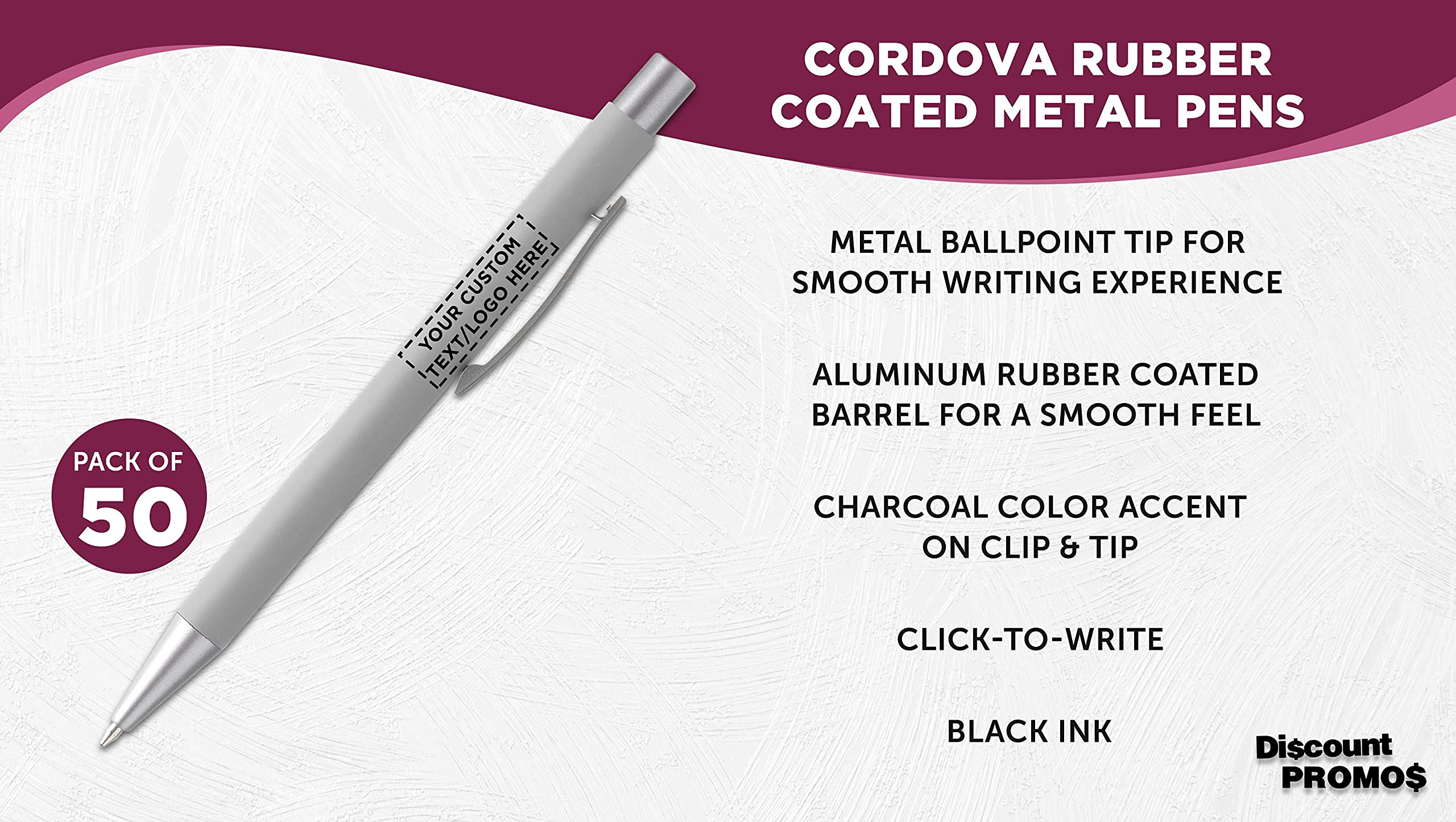 50 Pack Cordova Rubber Coated Metal Pens - Customizable with Text & Logo - Smooth Writing Push Action Ballpoint Pens with Black Ink (Grey) - Perfect for Office, School, Corporate Gifts & Promotional Events
