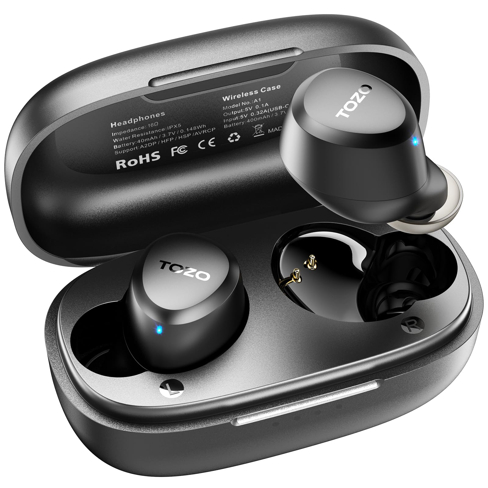 TOZO A1 Wireless Earbuds Bluetooth 5.3 - Lightweight IPX5 Waterproof Headphones with 2 Mics for AI Calls, Immersive Bass Sound & 32 EQ Presets via App - Perfect for Gym, Running, Travel & Work Calls