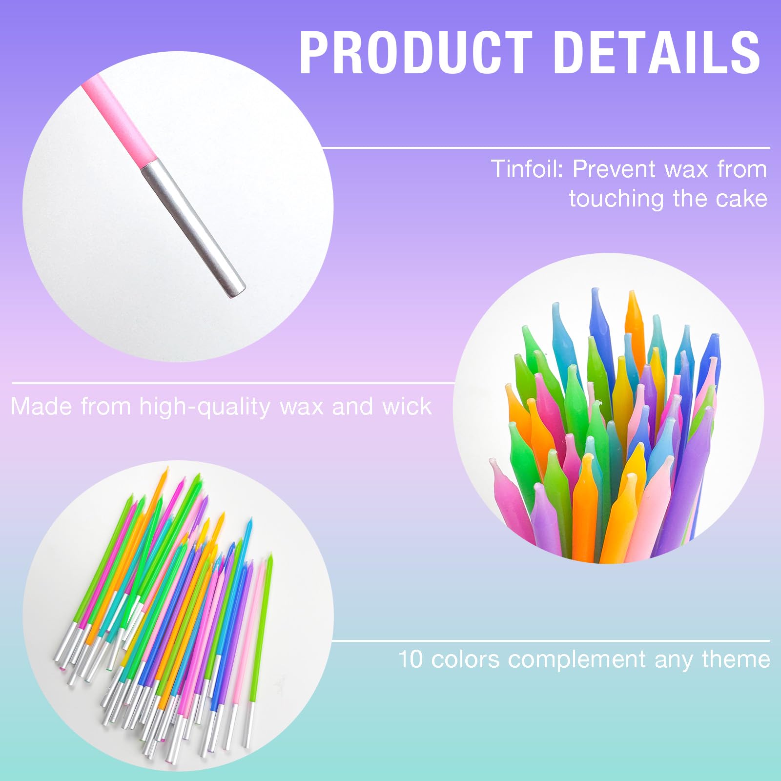 40-Count Rainbow Birthday Candles - Tall Thin Cake Candles Set for Cupcake & Cake Decorations - Perfect for Birthday Parties, Baby Showers & Celebrations