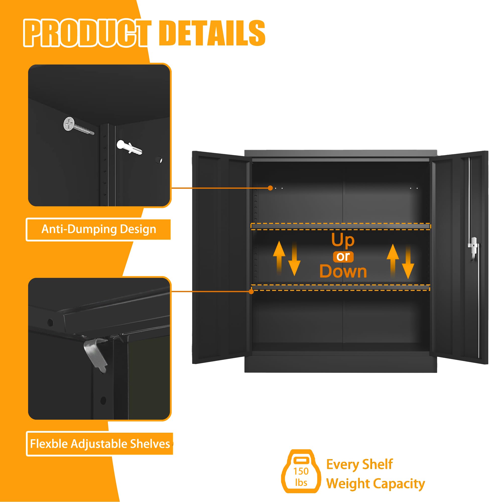Lockable Metal Office File Cabinet with 2 Adjustable Shelves - Black Garage Storage Cabinet with Locking Door - Small Tool Cabinet (41.6''H×36''W×18''D) - Perfect for Home Office, Garage Organization & Secure Document Storage - Assembly Required