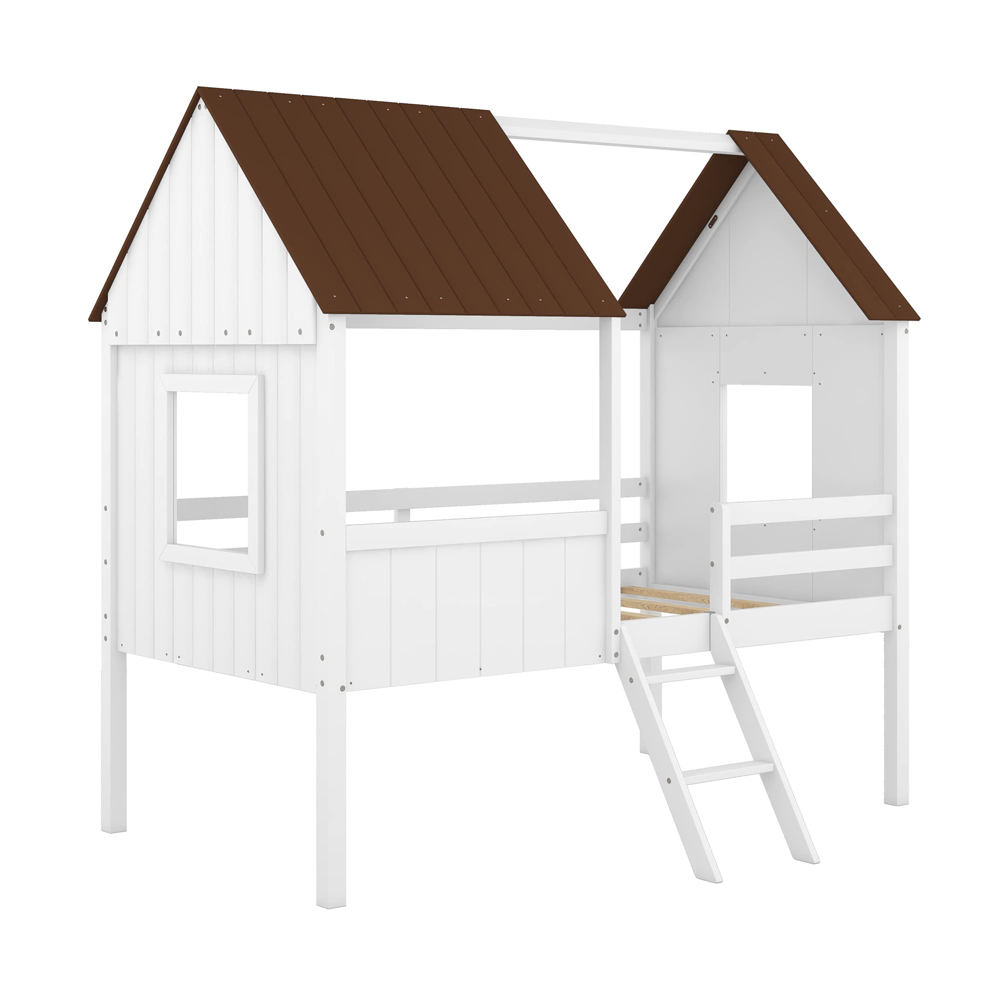 Wooden Low Loft Twin Size House Bed Frame for Kids & Teens - Toddler Bed with Side Windows & Roof - Perfect for Girls & Boys Bedrooms (White) - Ideal for Small Spaces, Playrooms & Cozy Sleep Areas