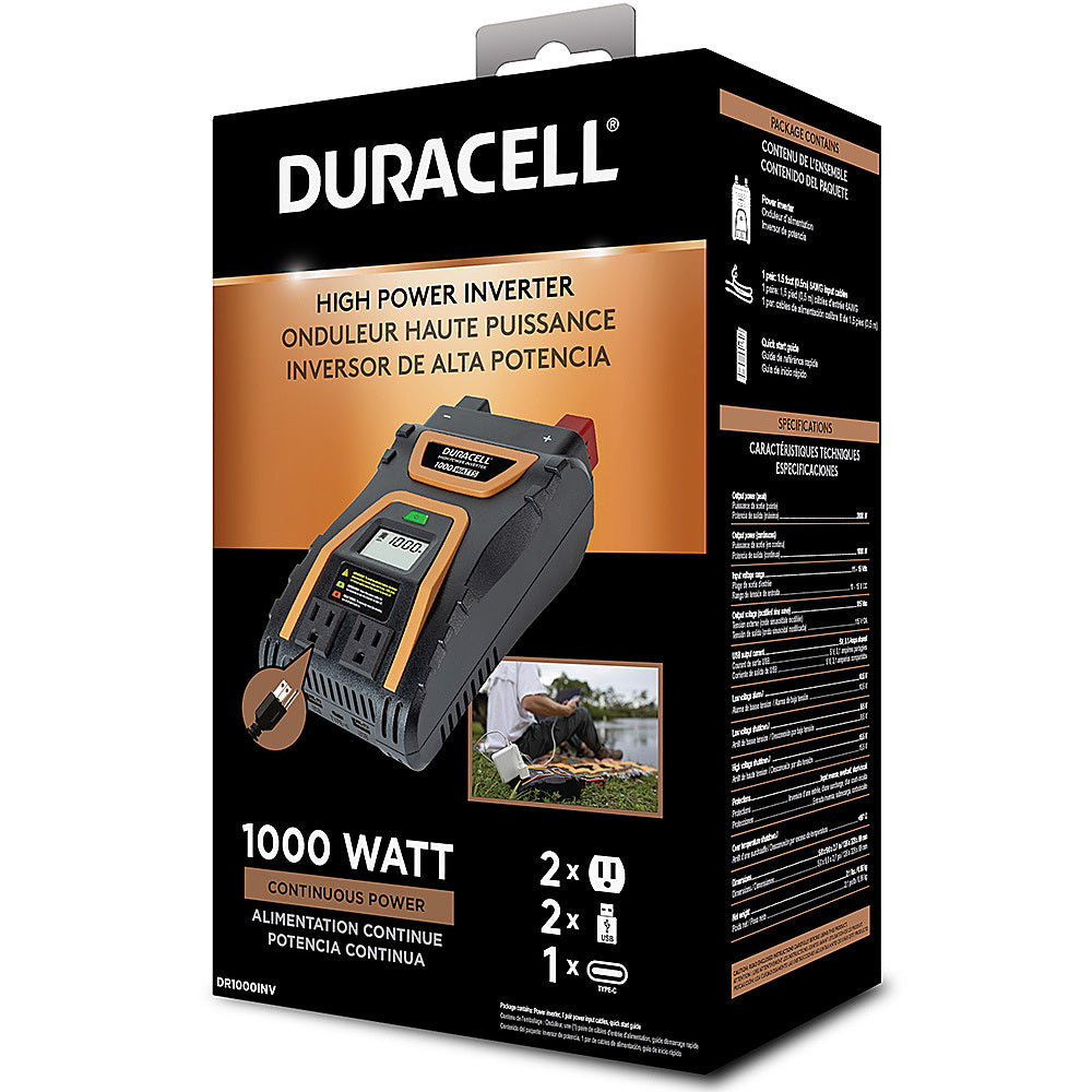 Duracell DR1000INV 1000W Pure Sine Wave Power Inverter with USB-C & AC Outlets - Portable Car Inverter for Laptops, CPAP, Appliances - Camping, Road Trips, Emergency Power Backup