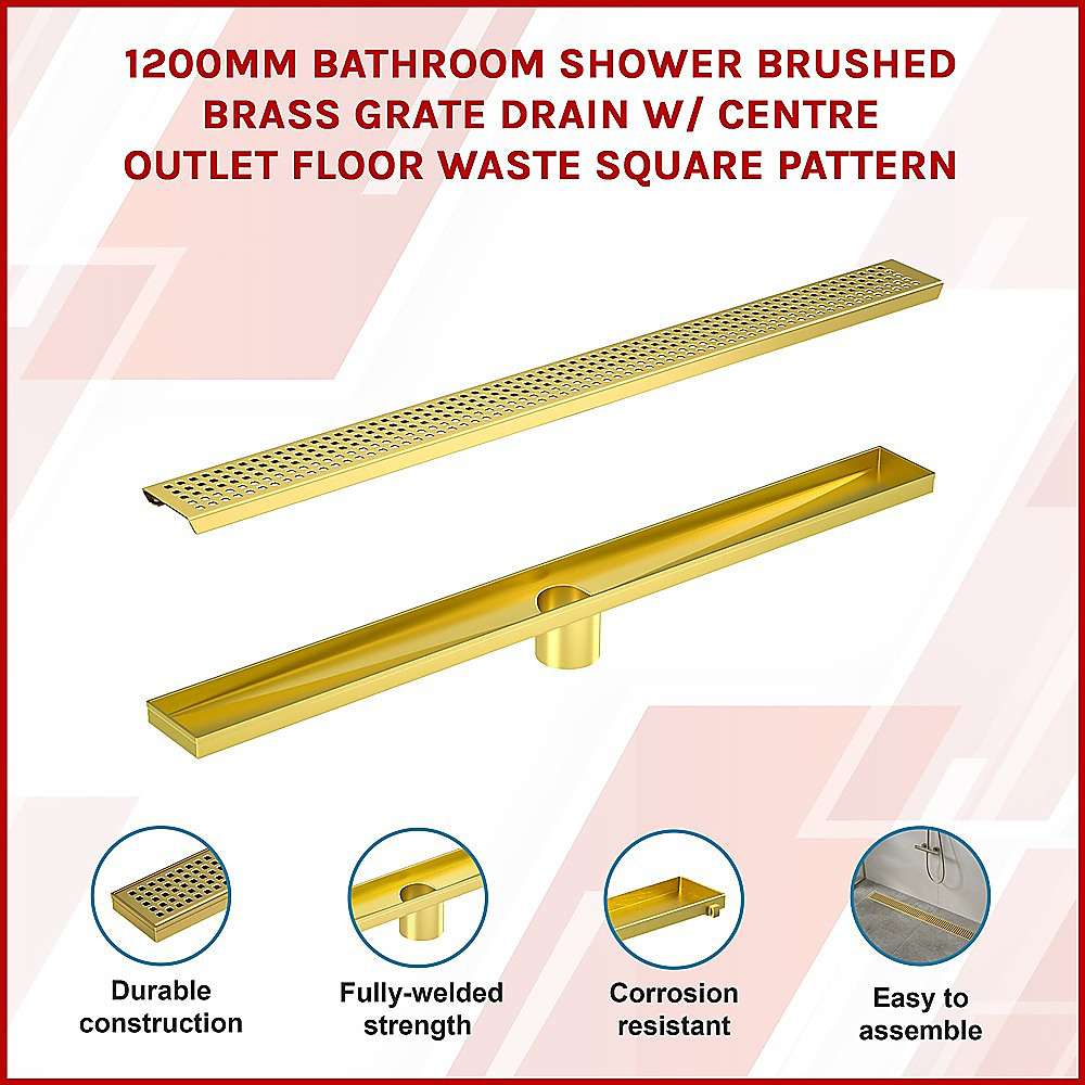 1200mm Brushed Brass Shower Drain Grate with Center Outlet - Square Pattern Floor Waste for Bathroom & Wet Room - Durable & Stylish Drainage Solution for Showers, Baths, and Wet Areas
