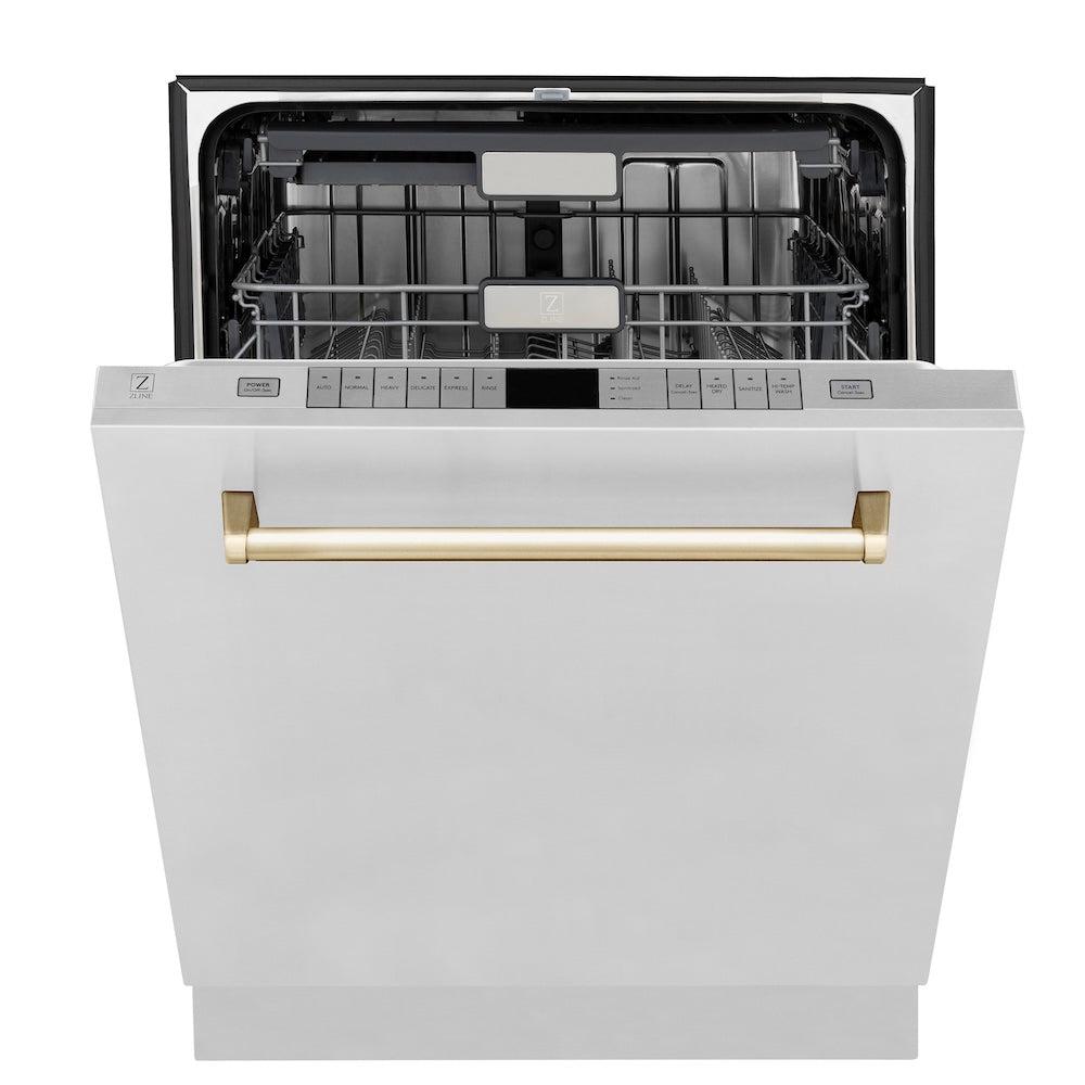 ZLINE Autograph Edition 24-inch Stainless Steel Dishwasher with Polished Gold Handle - 3rd Rack, Top Touch Controls, 45dBa Ultra Quiet (DWMTZ 304 24 G) - Perfect for Modern Kitchens, Open Concept Homes & Luxury Apartments