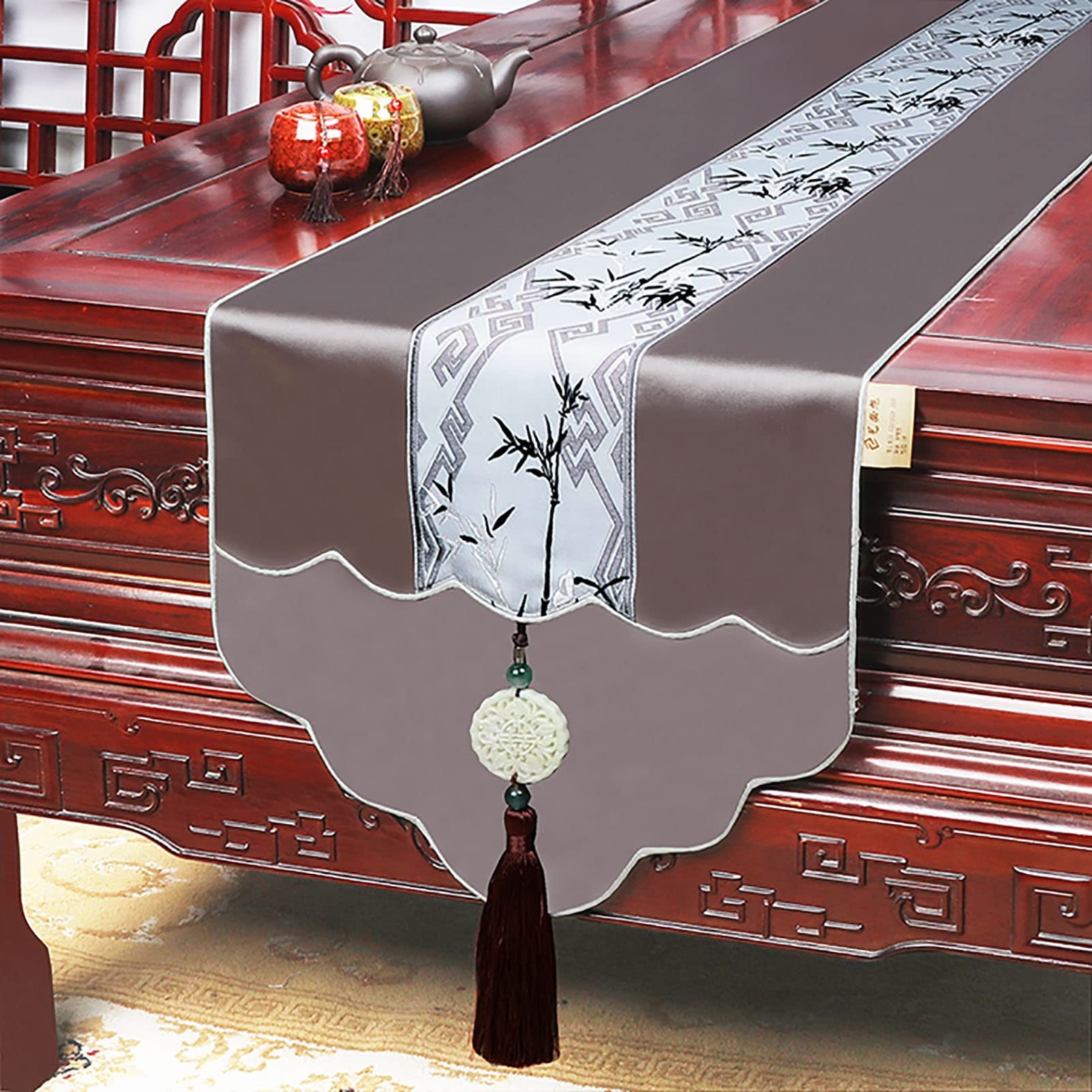 Premium Gray Embroidery Table Runner with Tassels, Non-Slip Washable Dresser Scarf for Home, Kitchen, Party, Wedding, and Dining Room Decor (34X200cm)