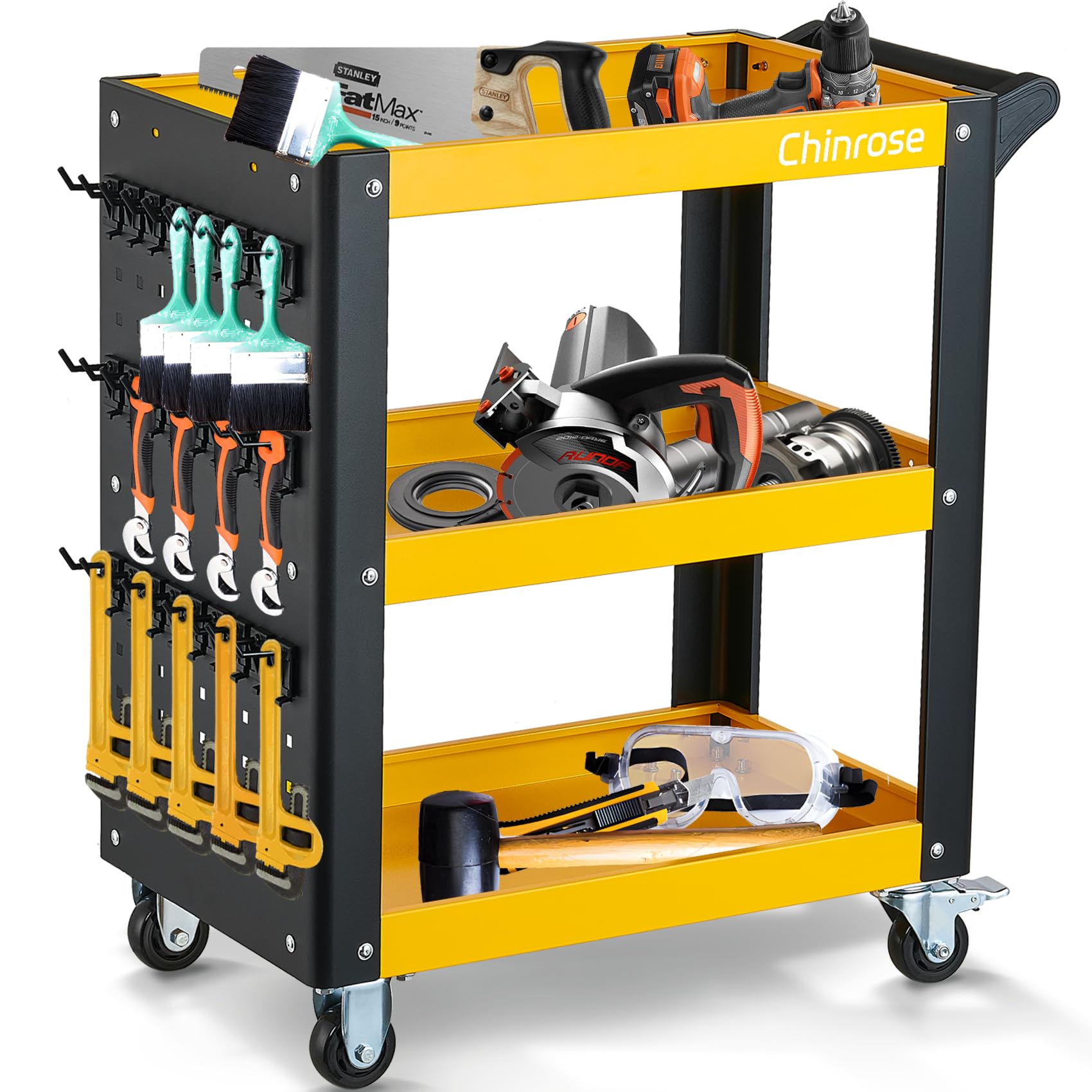 3 Tier Heavy Duty Steel Tool Cart - Rolling Utility Cart for Mechanics, Garage, Workshop & Warehouse | Perfect for Organizing Tools, Equipment & Supplies in Repair Shops & Auto Garages
