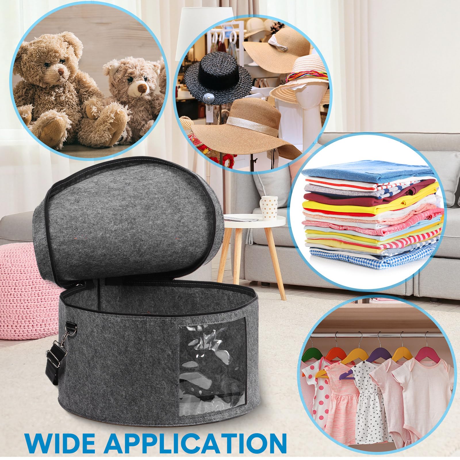 Suzile 4 Pack Large Round Foldable Felt Hat Storage Box for Women - 17 x 10 Inch Cowboy Hat Organizer with Lid, Closet Organizer for Hats, Clothes & Accessories (Gray) - Perfect for Home, Travel & Western Style Wardrobe Organization