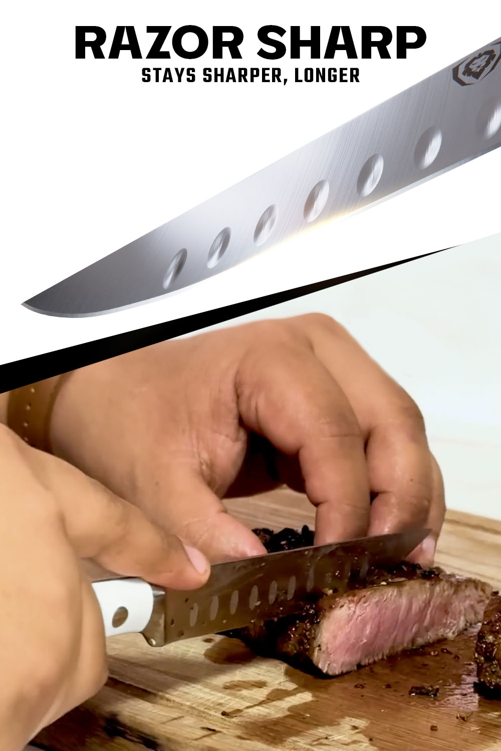 Premium 8-Piece Steak Knife Set with Wooden Storage Block - White ABS Ergonomic Handles - Dalstrong Gladiator Series - Perfect for Steakhouse Dining, BBQ Parties & Home Kitchen Use