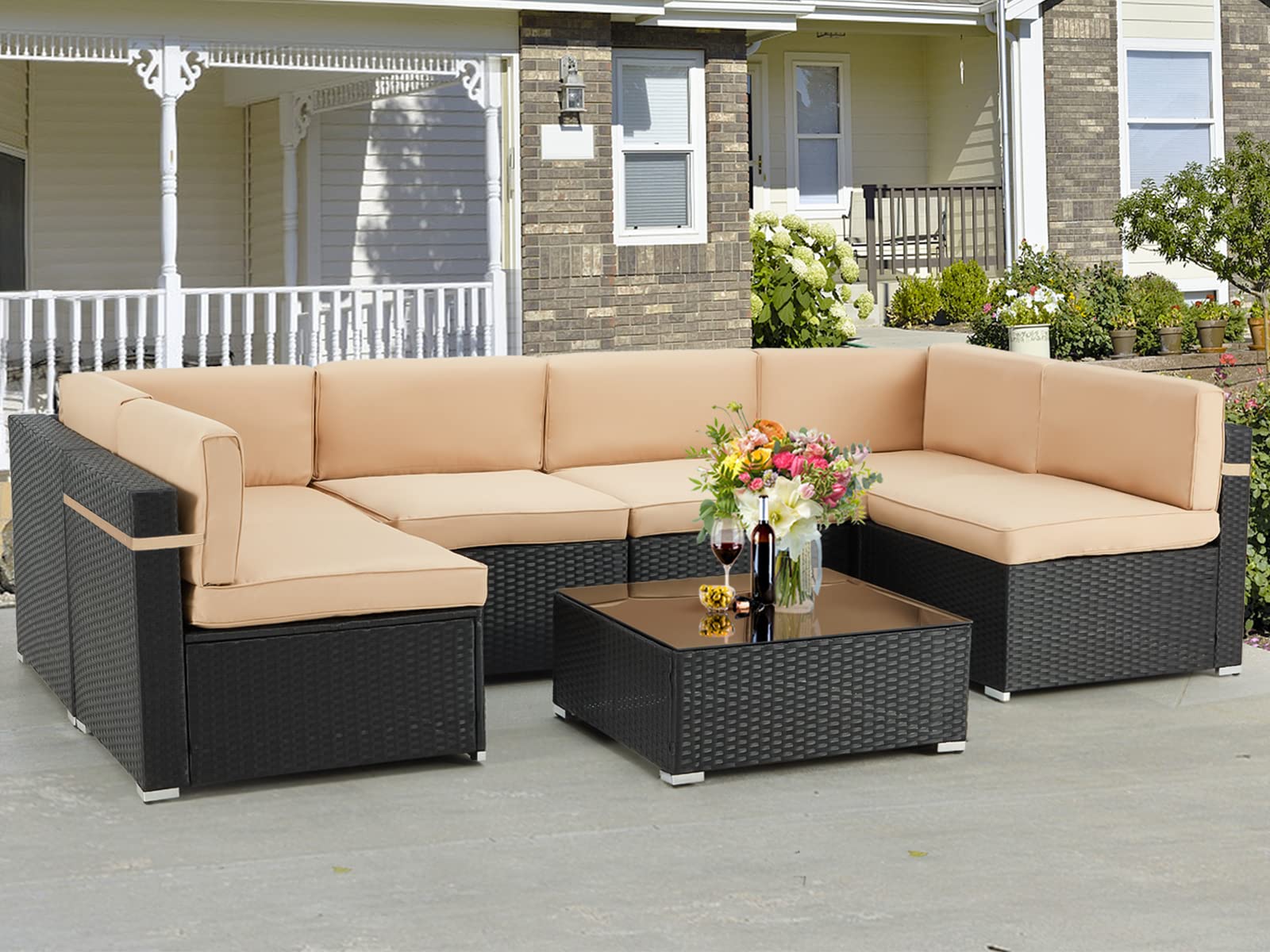 AECOJOY 7-Piece Outdoor Patio Furniture Set - PE Rattan Sectional Sofa with Coffee Table, Khaki Cushions & Black Frame - Perfect for Garden, Backyard, Poolside & Outdoor Entertaining