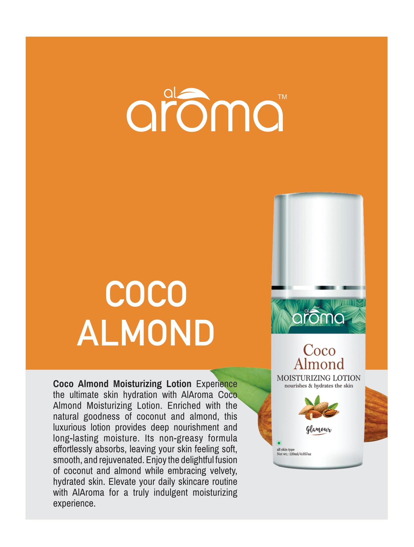 Alaroma Leafs Coco Almond Moisturizing Lotion - 120ML Deep Hydration for Dry Skin | All Day Moisture & Nourishment | Natural Body Lotion for Smooth & Soft Skin | Perfect for Daily Use, After Shower & Winter Care