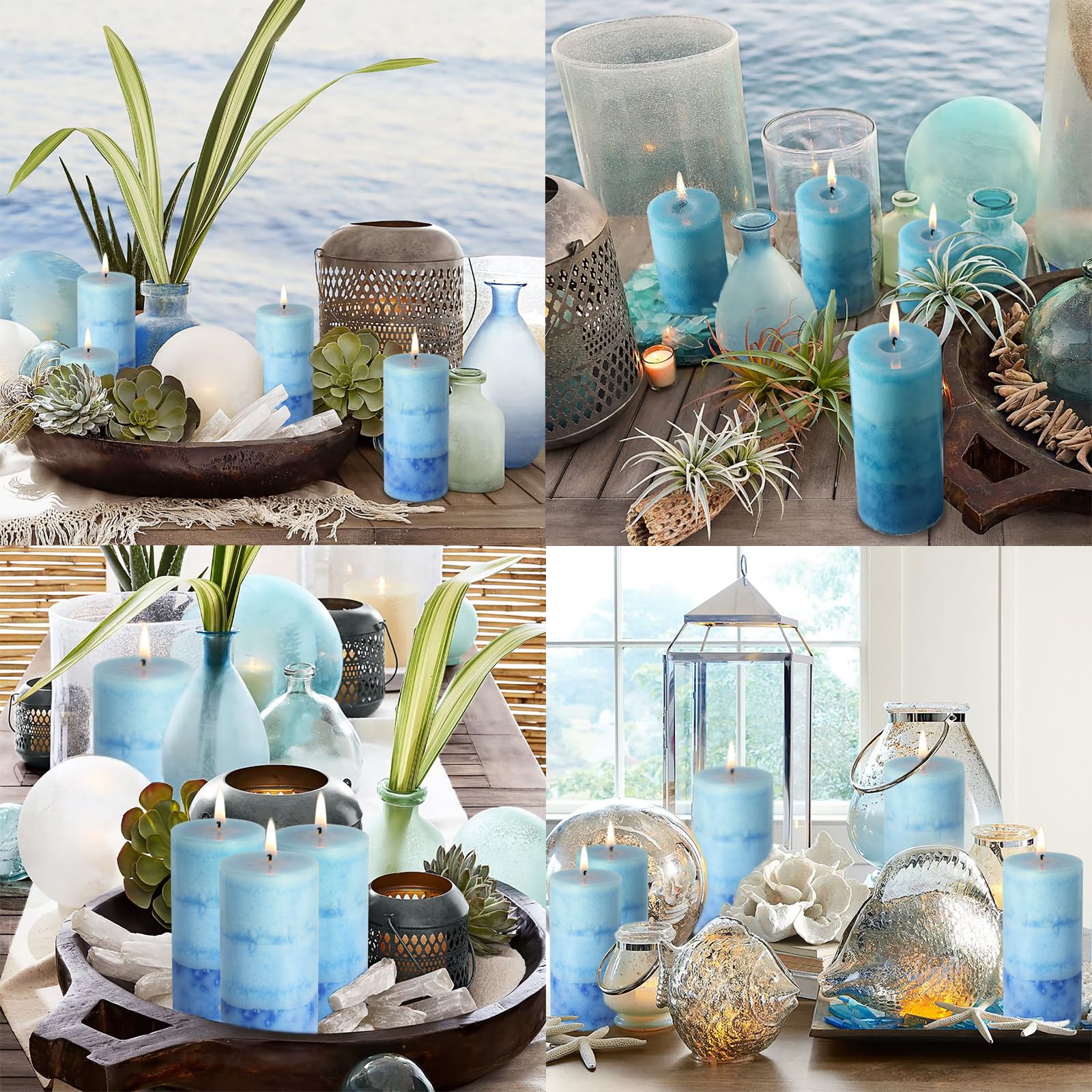 Ocean Scented Pillar Candles 3-Pack - 60+ Hour Burn, Blue Home Fragrance for Relaxation & Spa