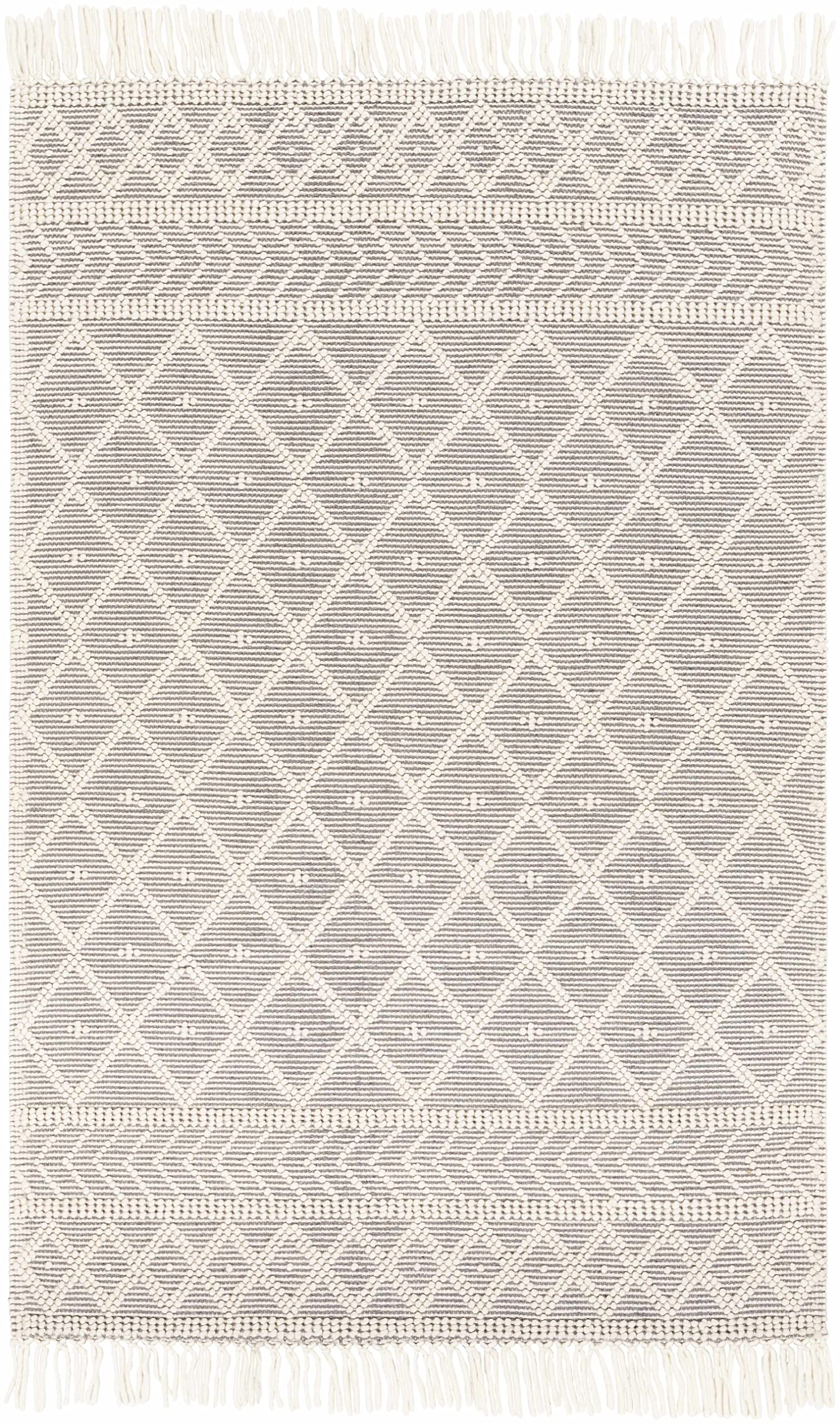 Hauteloom Cromford Boho Handwoven Wool High-Low Textured Area Rug - Southwestern Diamond Farmhouse Carpet for Living Room, Bedroom & Dining Room - Handmade Zig Zag Bubble Weave Design in Charcoal, White & Cream - 5' x 7'6