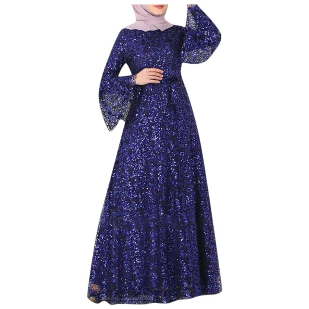 ZSBAYU Muslim Maxi Dress for Women - Elegant Lace & Sequin Abaya with National Floral Print, Islamic Long Dress for Prayer, Eid, Wedding & Special Occasions