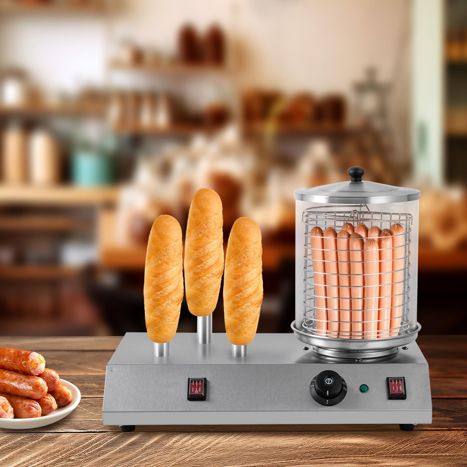 Professional 110V 458W Electric Hot Dog Steamer with 3 Aluminum Tubes & Bun Warmer - Commercial Hot Dog Machine for Restaurants, Food Trucks, and Snack Bars - Perfect for Fast Food Service, Concession Stands, and Catering Events