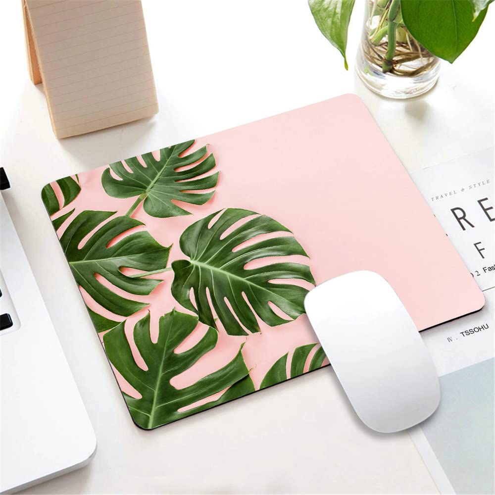 Tropical Monstera Leaf Mouse Pad - Non-Slip Rubber Gaming Mousepad with Palm Tree Design on Pink Background, 9.5