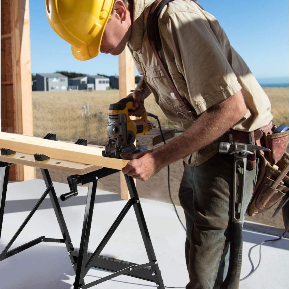 Multifunctional Folding Workbench with Quick Clamp Pegs & Tool Holders - Heavy Duty 220lbs Capacity Sawhorse for Carpenters, Builders & DIY Projects | Perfect for Workshop, Garage & Construction Sites