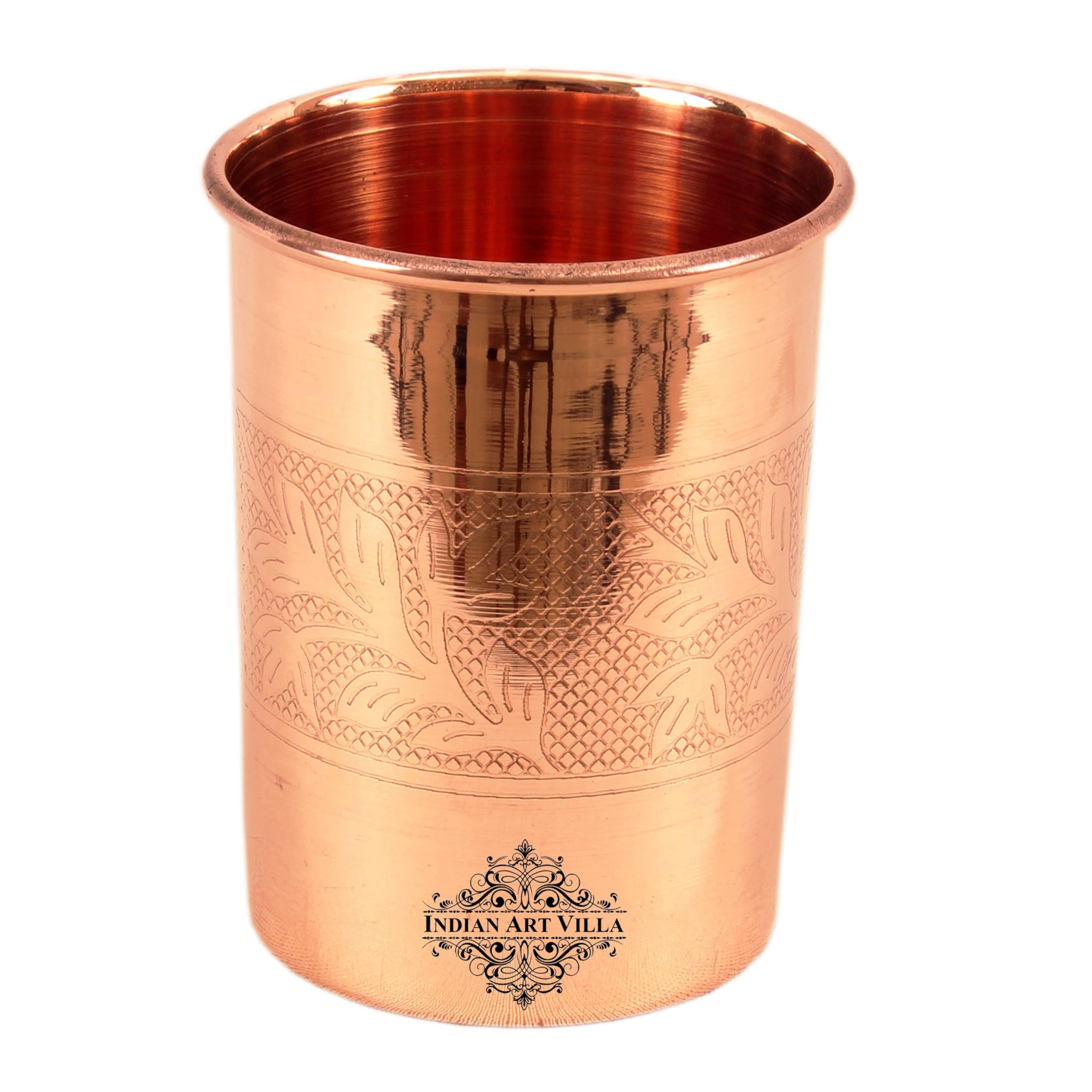 Handcrafted 10 oz Copper Tumbler Set of 6 - Engraved Leaf Design Indian Art Villa Drinkware | Perfect for Home, Kitchen, Restaurants & Gifts | Ideal for Water, Juice, Cocktails & Ayurvedic Drinks