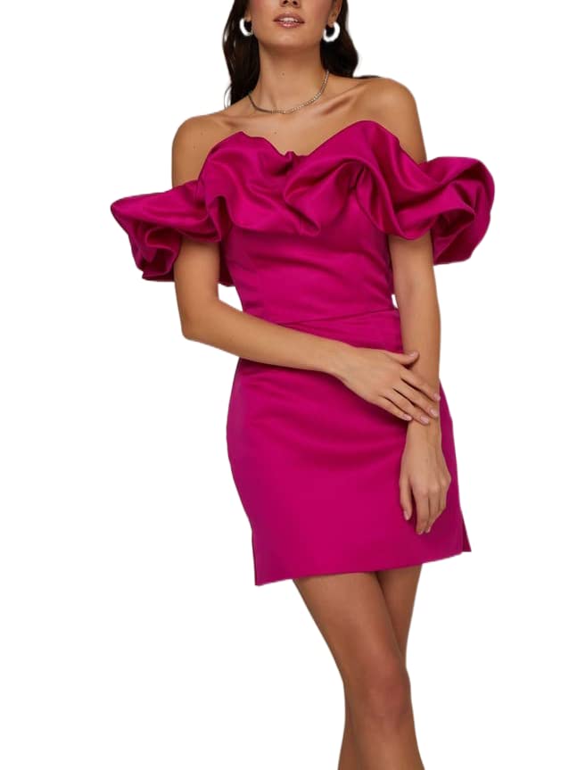 Elegant Women's Off Shoulder Mini Dress with Puff Sleeves & Ruched Trim - Sexy Bodycon Pencil Short Dress for Wedding, Party, Date Night & Special Occasions