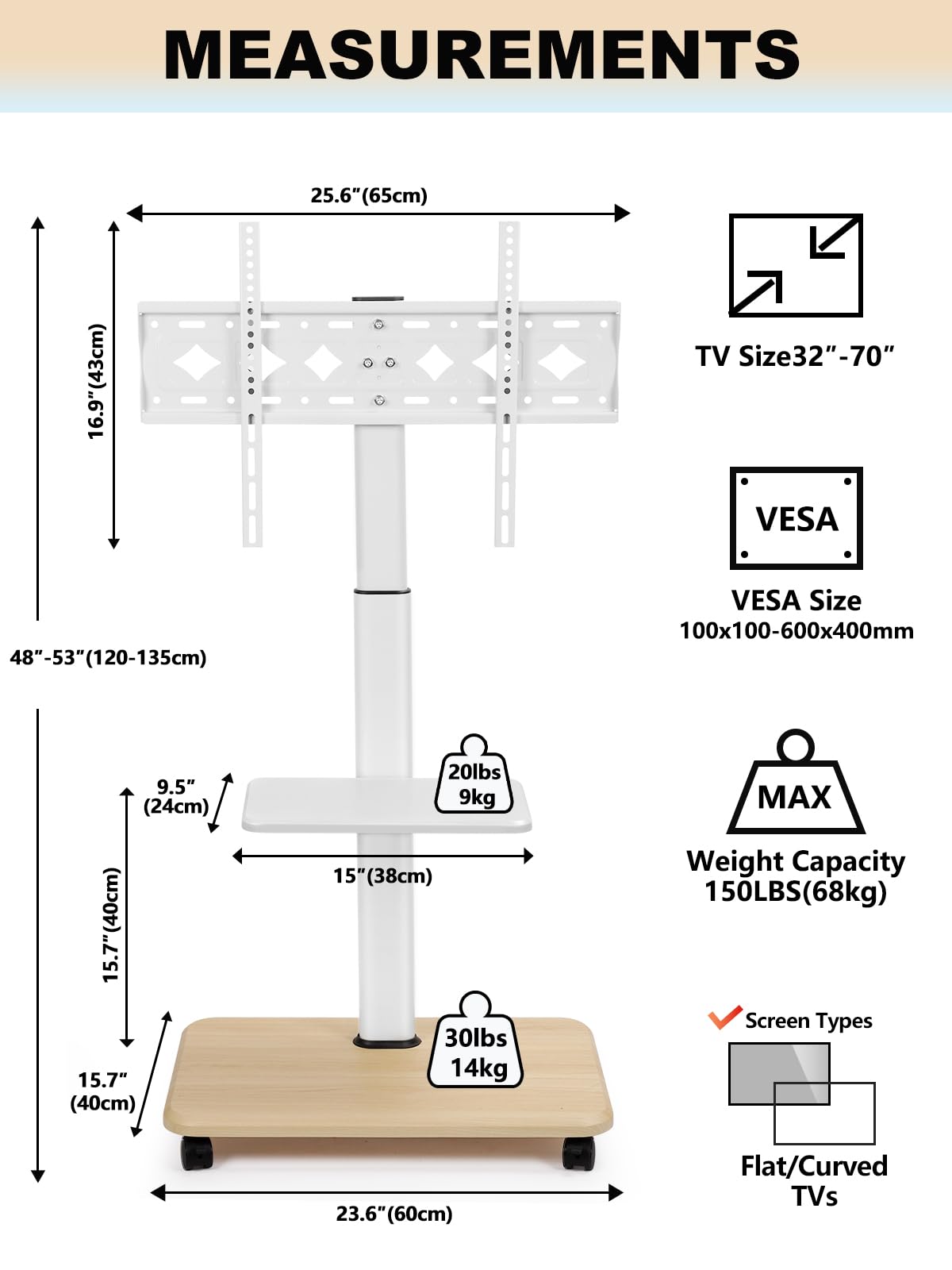 Adjustable Rolling TV Stand for 32-70 Inch Flat/Curved LED/LCD/OLED Screens - Mobile TV Cart with Wheels & Laptop/DVD Shelf - Supports up to 100lbs - Perfect for Bedroom, Living Room & Outdoor Use - White