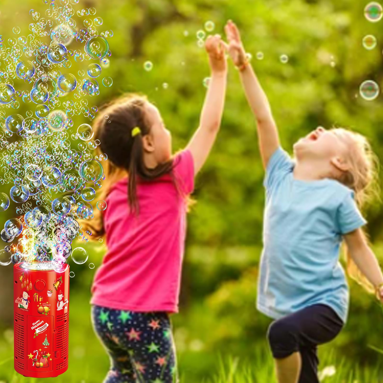 Portable Automatic Bubble Machine with LED Lights & Music - 240ml Bubble Solution Included - Fun Bubble Maker Toy for Kids Outdoor Play, Birthday Parties, Weddings & Christmas Celebrations