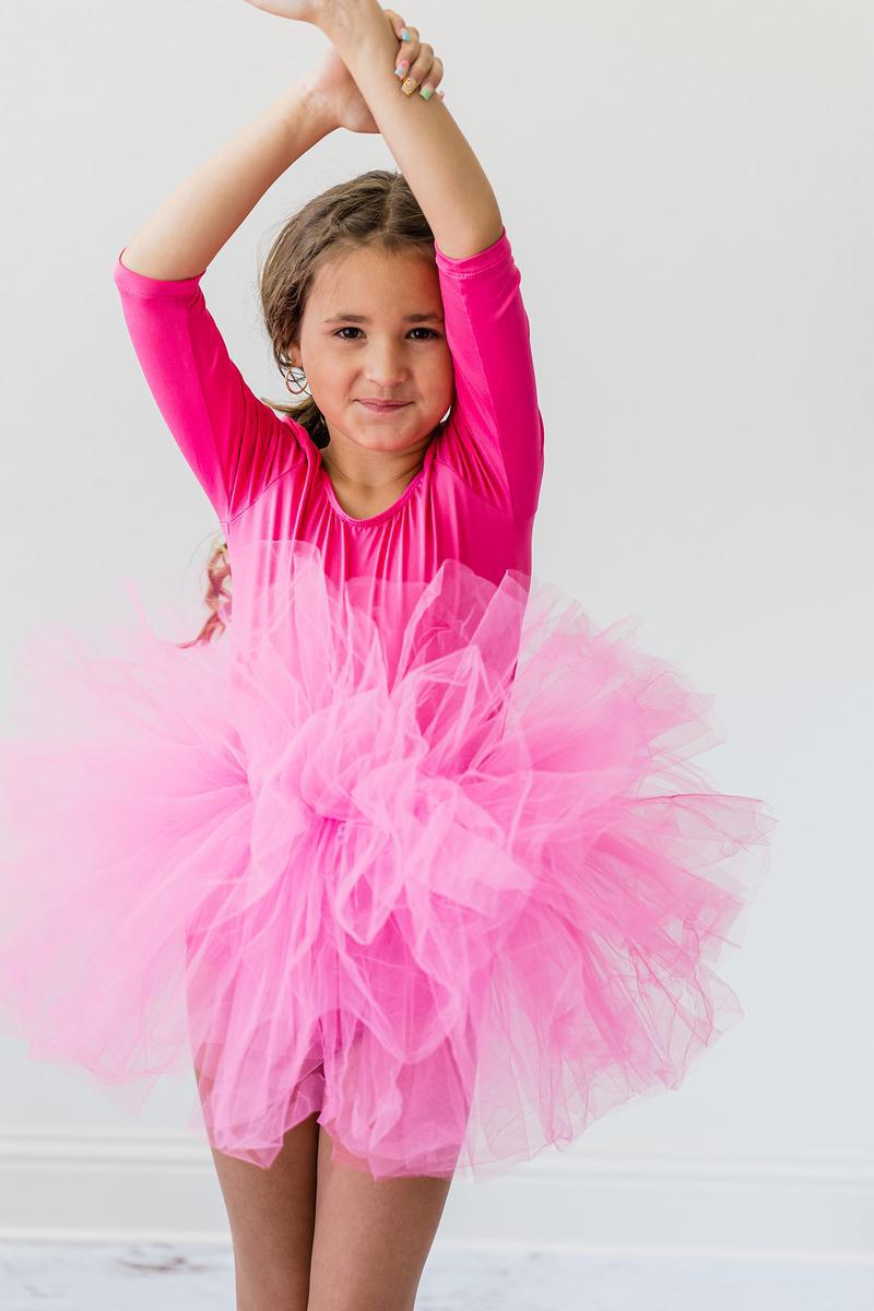 Hot Pink 3/4 Sleeve Ballet Tutu Leotard for Girls - Dance Costume for Recitals, Performances & Ballet Practice