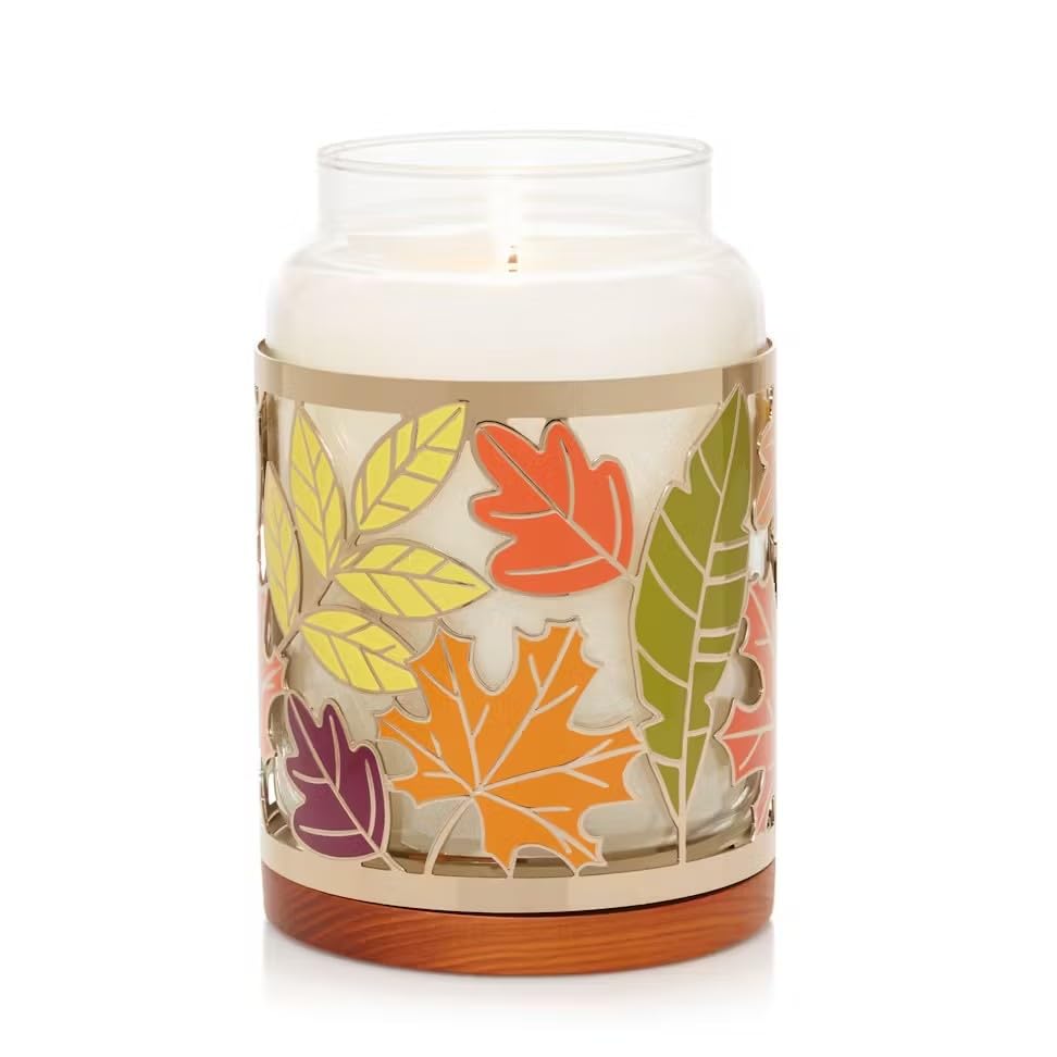 Autumn Leaves Large Classic Jar Candle with Metal Leaves Holder & Wooden Base - 2pc Yankee Candle Gift Set for Fall Home Decor, Thanksgiving Centerpiece & Cozy Ambiance