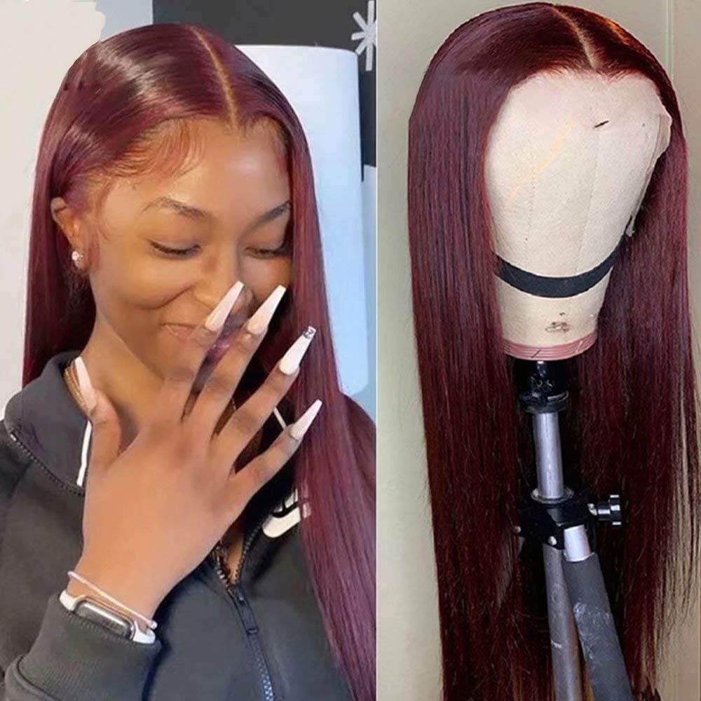 99J Red Burgundy Straight HD Transparent 13X6 Lace Front Human Hair Wig - Pre-Plucked with Baby Hair, Bleached Knots, 150% Density Brazilian Remy Hair, 24 Inch Deep Part Wig for Daily Wear, Cosplay & Special Occasions