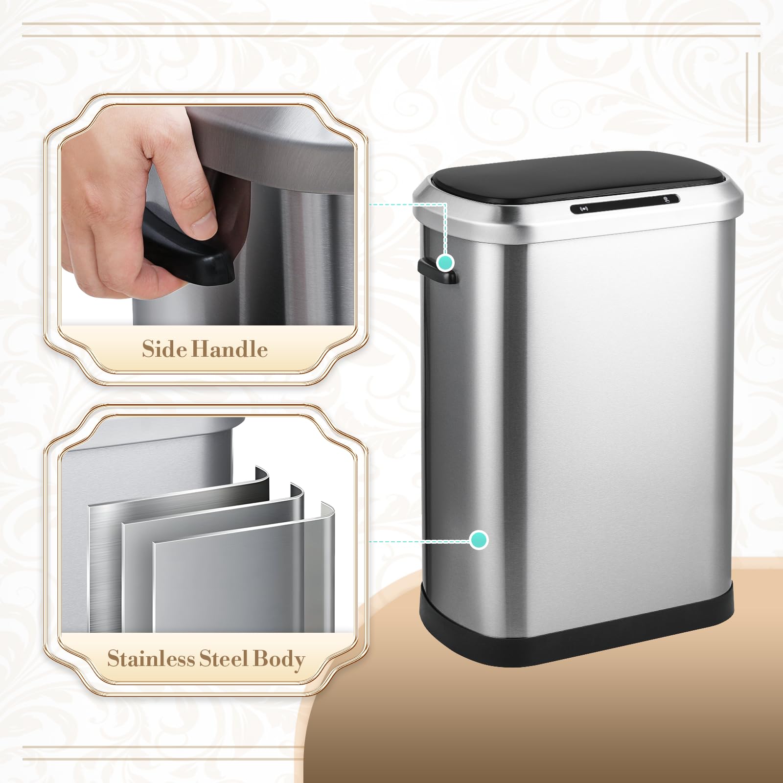 Automatic Motion Sensor Trash Can - 13 Gallon/50L Smart Garbage Bin with Lid, Stainless Steel Waste Container for Kitchen, Bathroom, Office, Living Room & Bedroom | Hands-Free Operation, Hygienic Disposal Solution for Home & Commercial Spaces