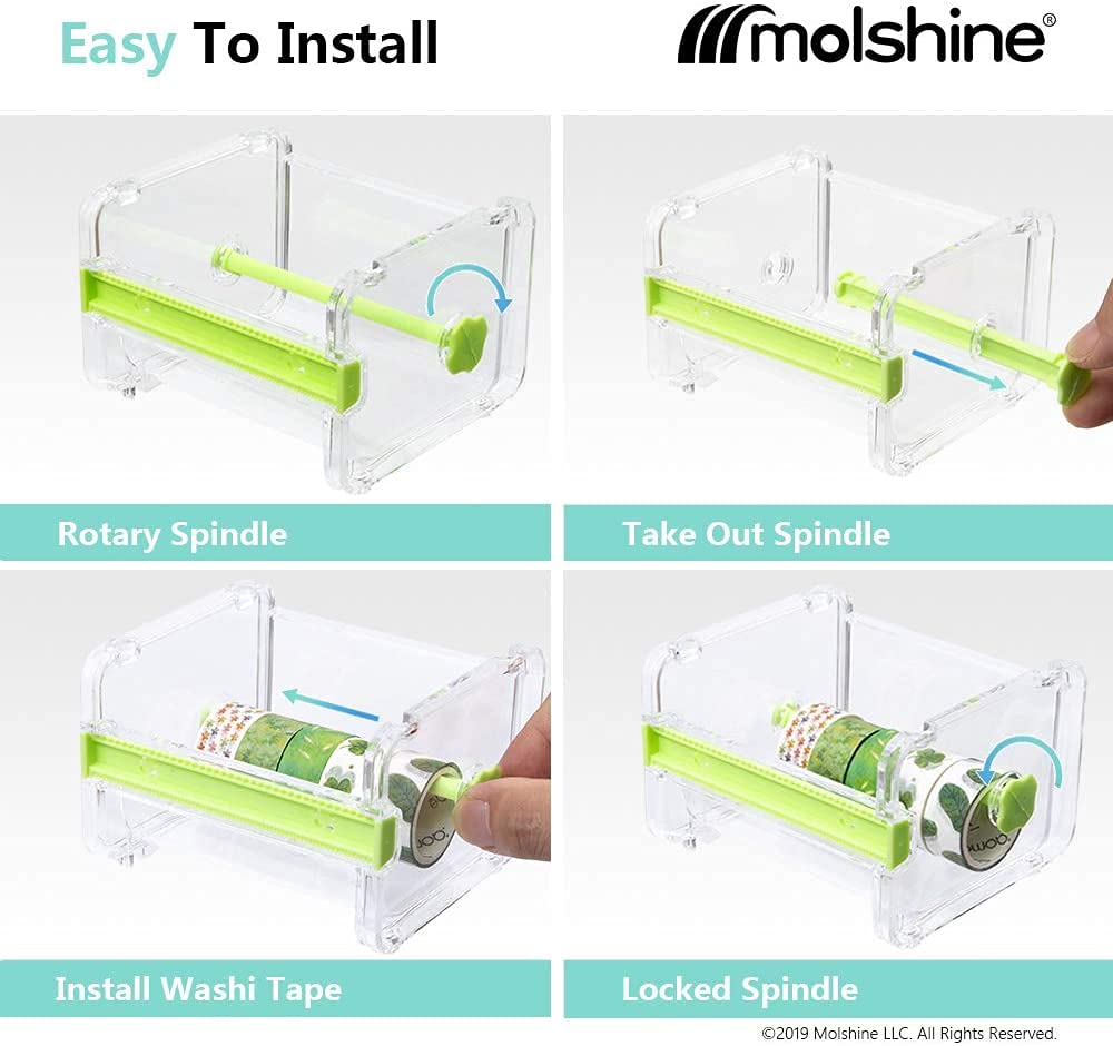 molshine Clear Desktop Washi Tape Dispenser with Built-in Cutter - Organize Masking Tape Rolls for Scrapbooking, Crafting & Office Use (Green)