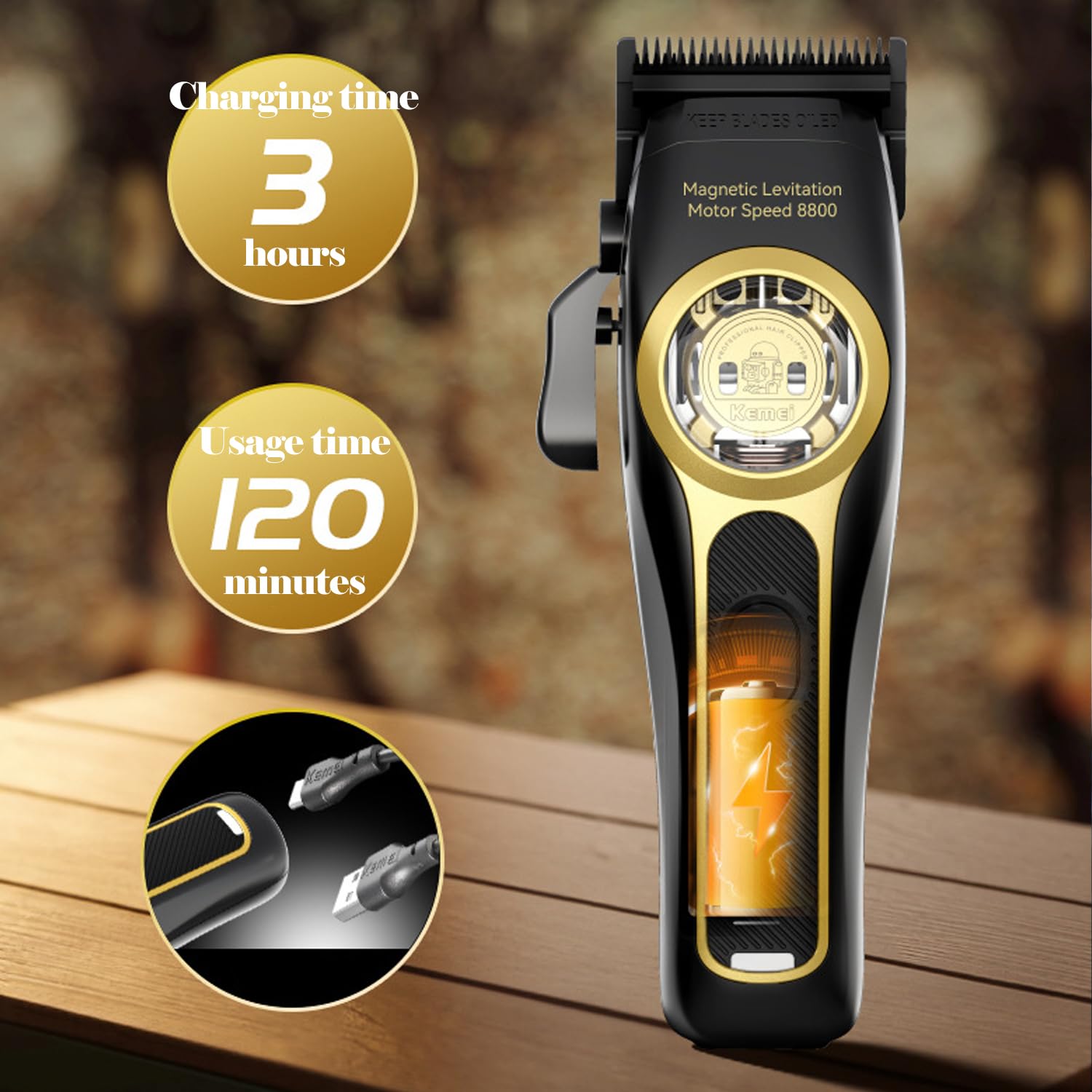 KEMEI 2373 Professional Cordless Hair Clipper for Men - Maglev Brushless Motor, Adjustable DLC Blade Barber Machine - Perfect for Home Haircuts, Salon Styling & Beard Trimming