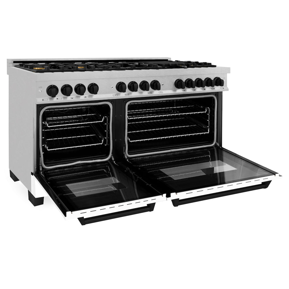 ZLINE Autograph Edition 60-inch 7.4 cu. ft. Dual Fuel Range with 9-Burner Gas Cooktop & 2 Electric Convection Ovens - Satin Stainless Steel with White Matte Doors & Matte Black Accents (RASZ WM 60 MB) | Professional Kitchen Appliance for Home Chefs & Cooking Enthusiasts